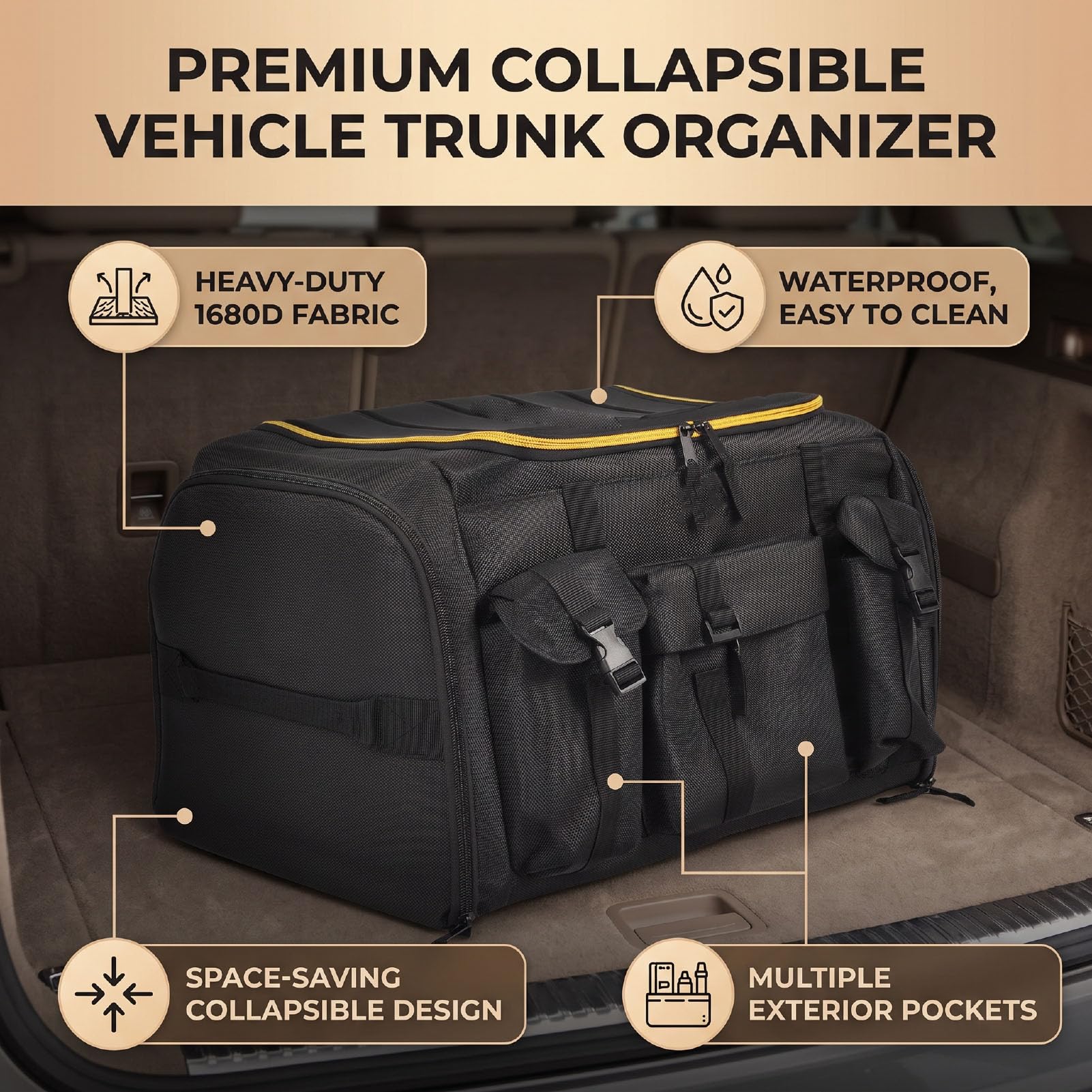Fockety Organizer do Bagażnika Samochodowego z Wieloma Kieszeniami i pokrywą (50L)