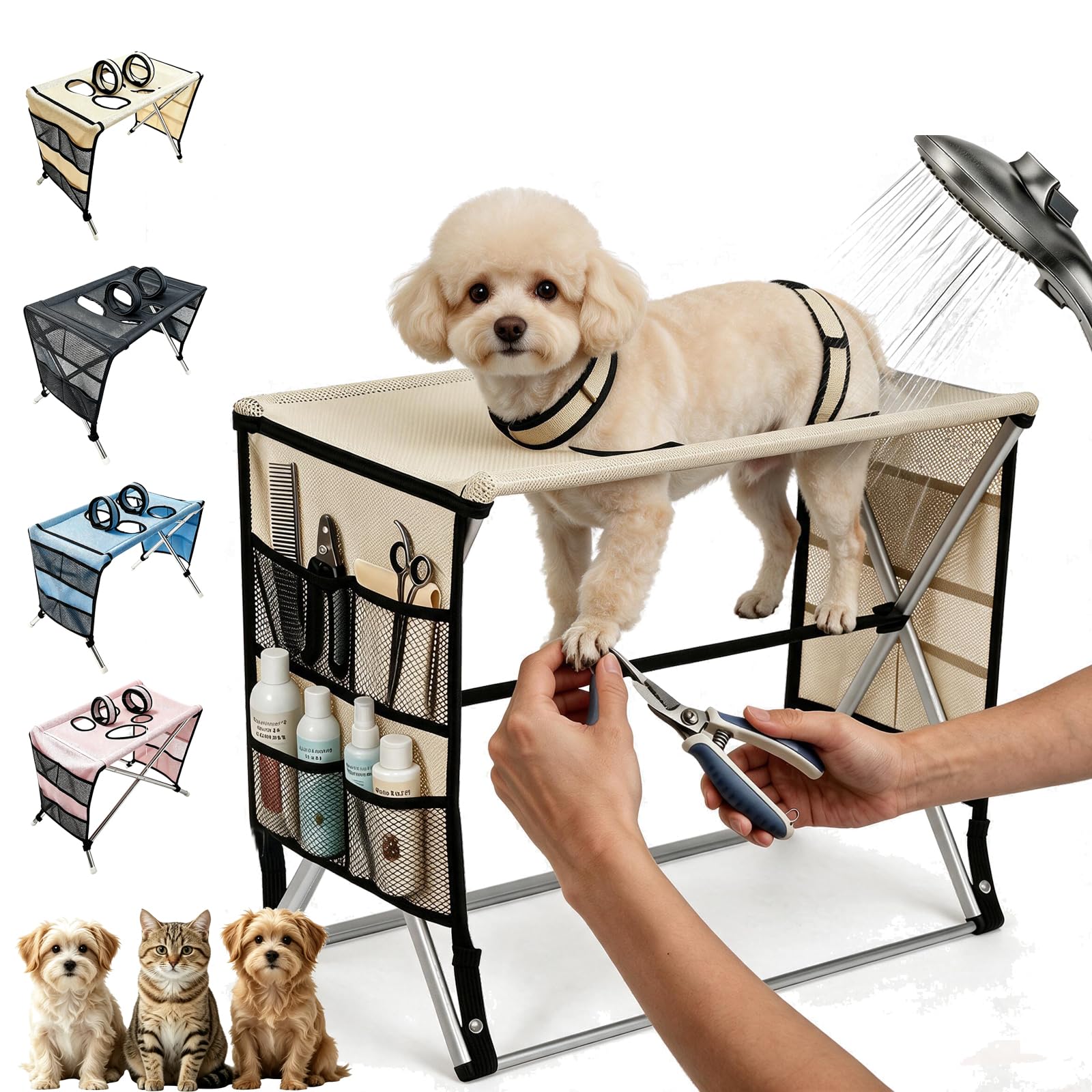 Dog Grooming Hammock with Stand,Foldable Pet Bathing Holder for Small to Medium Dogs & Cats,Quick-Dry Breathable Mesh Shower Sling,Sturdy Grooming Table with Storage Pouch，Khaki