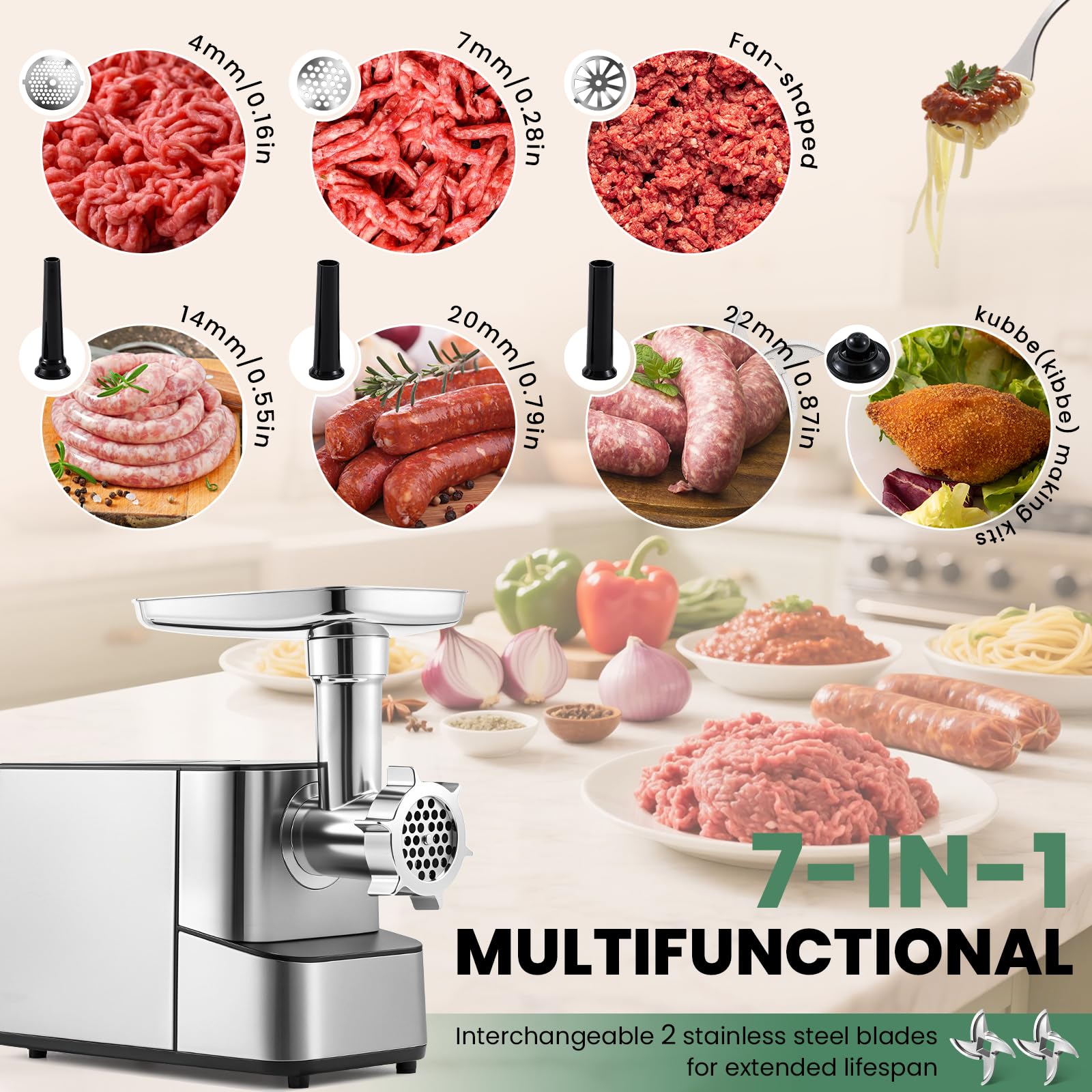 Trituradora eléctrica de carne, trituradora de verduras de alta resistencia y afeitadora de hielo de 3200 W de potencia máxima, 2 cuchillas, 3 platos, tubos de salchicha y kit de kubbe de 5