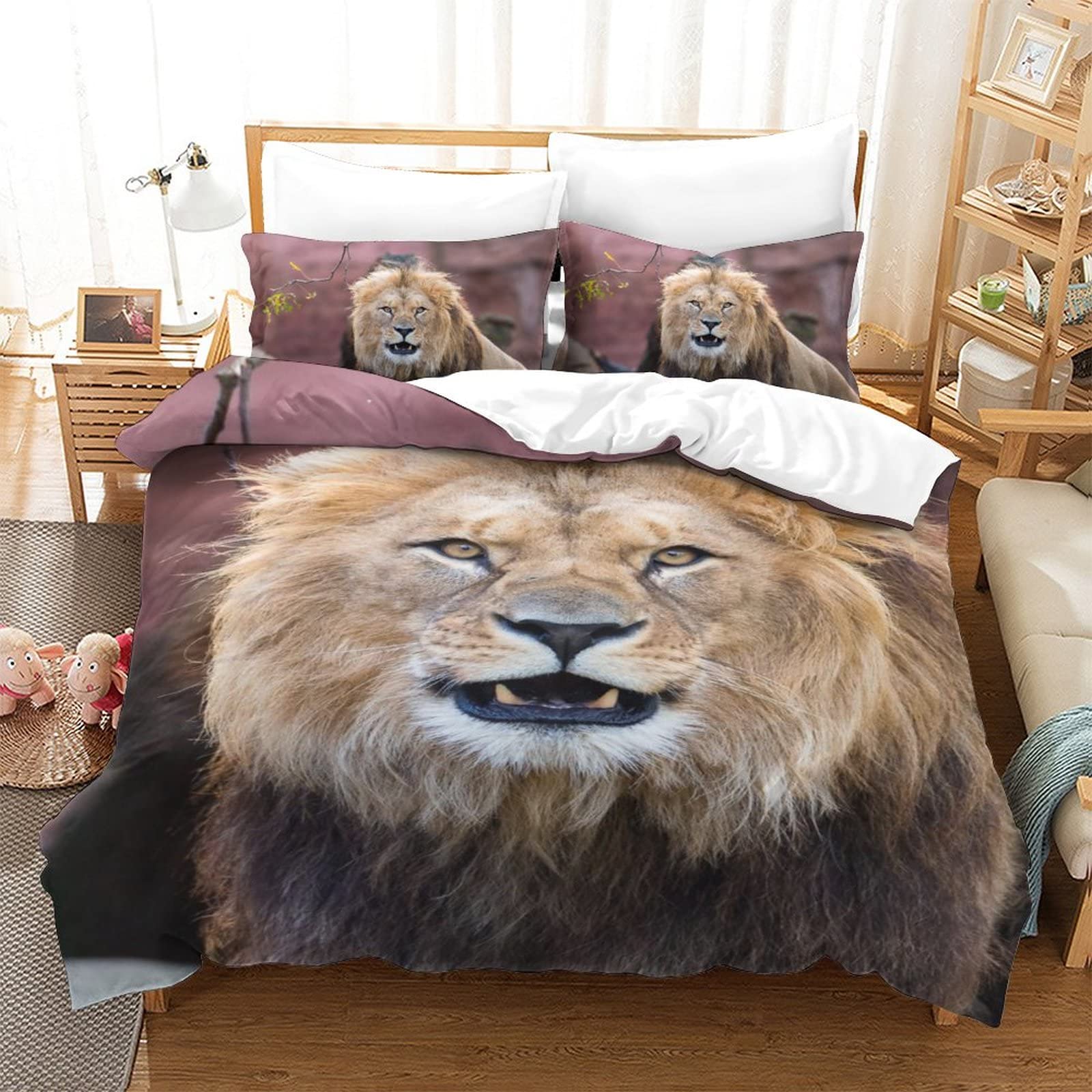 Housse de couette lion 3D 135x200 cm avec sa taie d'oreiller assortie en microfibre douce