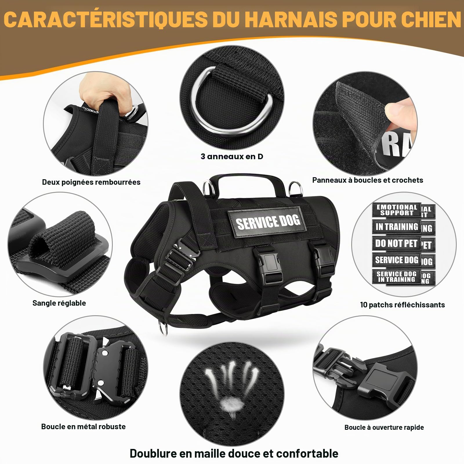 WINSEE - Harnais pour Chien d'assistance de Grande Taille, Gilet Tactique Molle avec 10 Patchs pour Animaux, Harnais Robuste Anti-Traction pour l'entraînement à la Marche