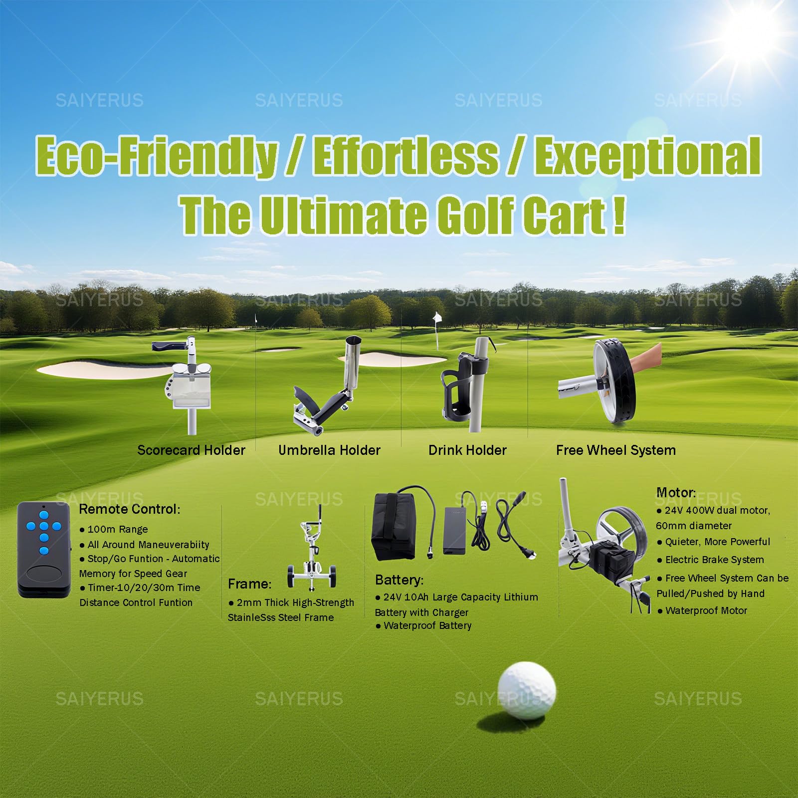 Carrito de Golf Eléctrico con Control Remoto, Ultraligero de Acero Inoxidable, Batería de Litio Recargable, Accesorios Completos, Incluye Bolsa de Transporte y Funda para Lluvia