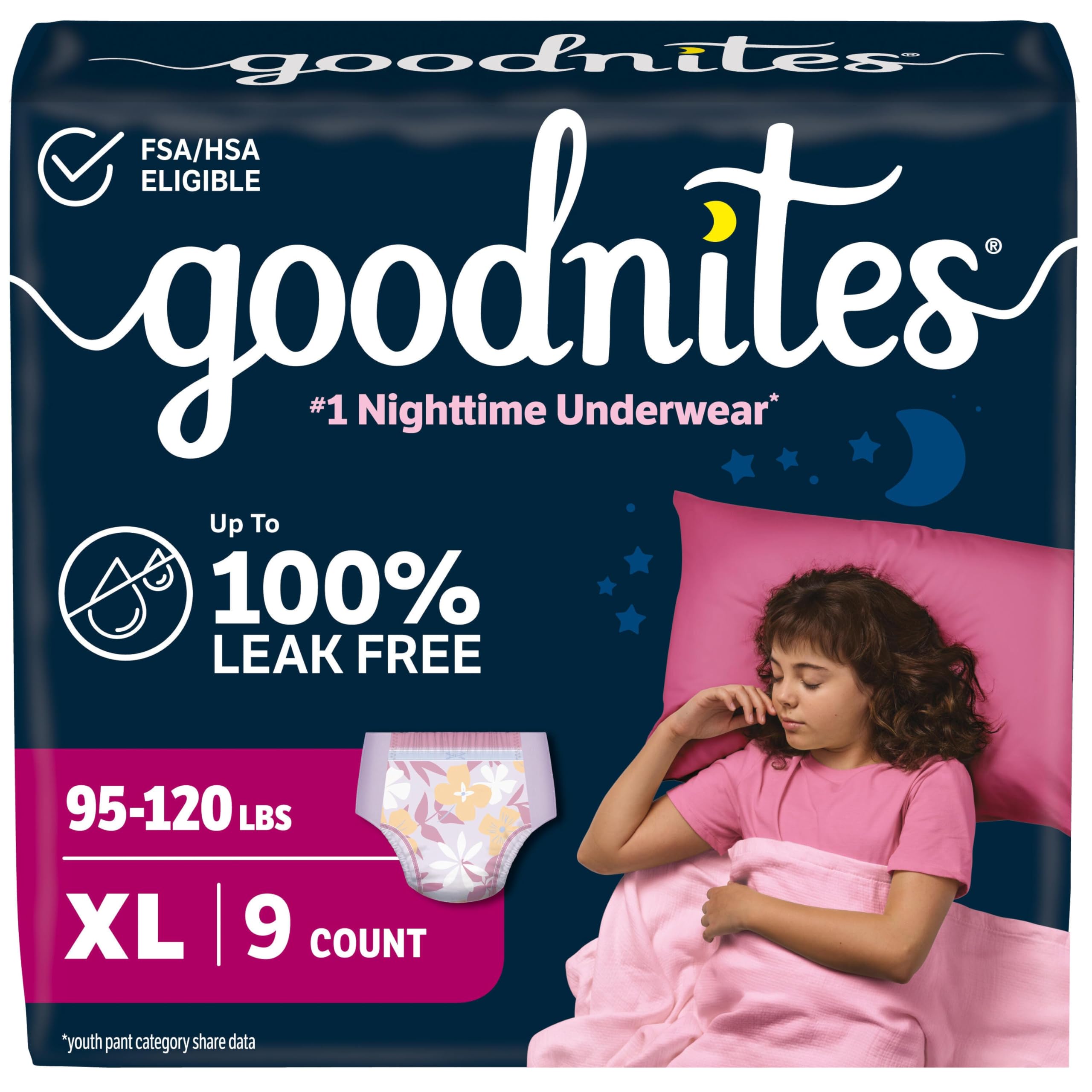 GoodNites Girls Nighttime Underwear, Size Extra Large, 9 Ct