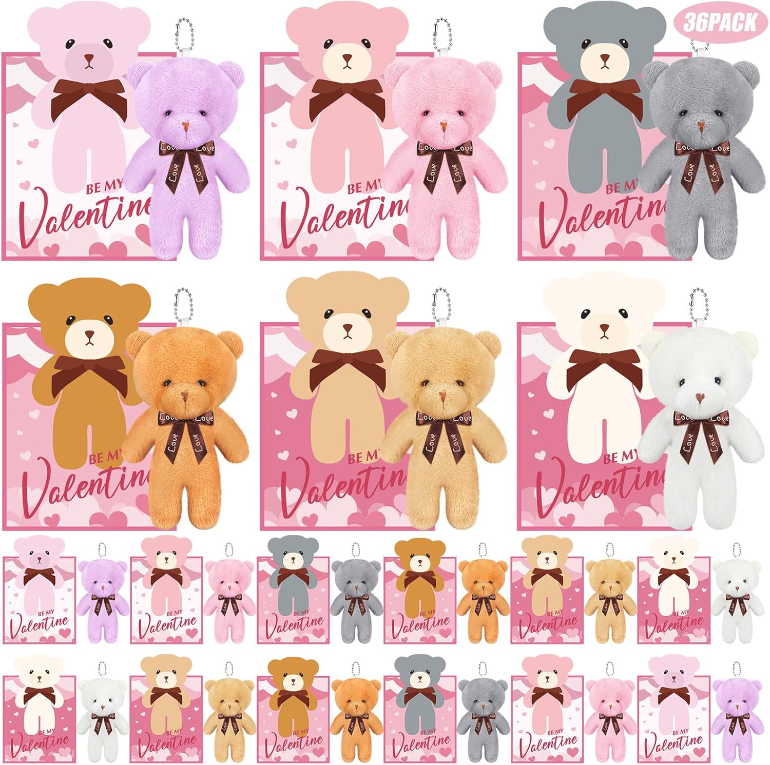 36 Set Valentine‘s Day Gift Cards with Mini Plush Toys, Small Cute Stuffed Animal for Kids, Valentine Classroom Exchange Cards for Students Schools, Bulk Valentines Party Favors (Bear)
