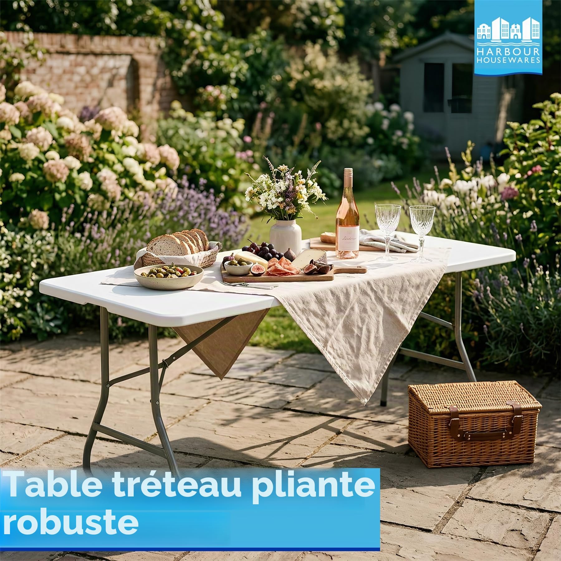 Harbour Housewares Table à tréteaux pliante rectangulaire - 180 cm (6 pieds) - Blanc - Table pliante d'extérieur pour pique-nique, barbecue, jardin, camping, mariage, restauration de fête