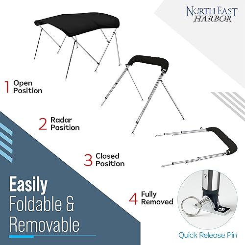 Miniatura 3 de NEH - Bimini Tops de 3 lazos para barcos, postes de apoyo, lona marina 900D a prueba de decoloración, funda de almacenamiento universal para pontón,