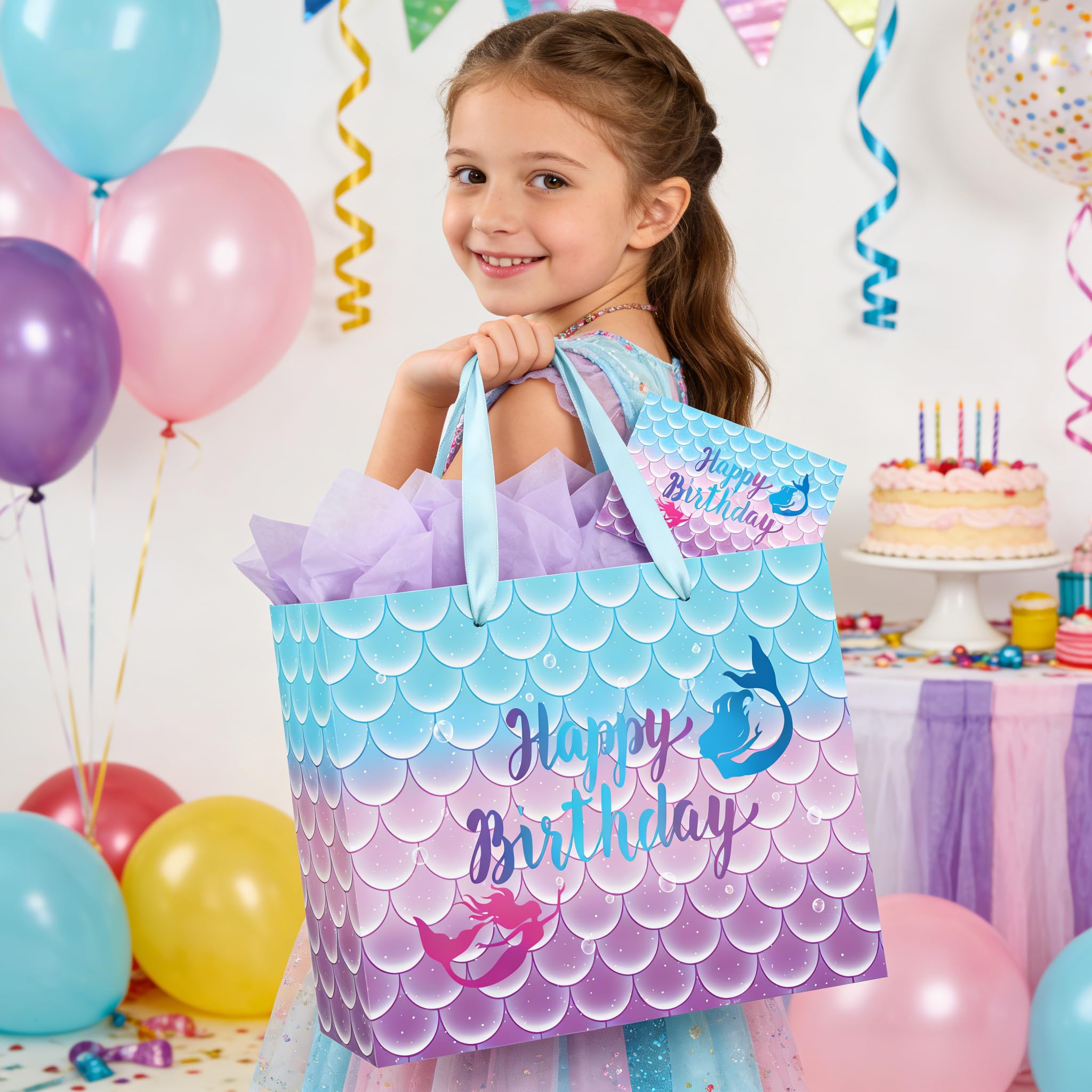 Yusenguan 13" Large Mermaid Happy Birthday Gift Bag with Tissue Paper, Greeting Card and Handle for Kids, Girls Birthday Party