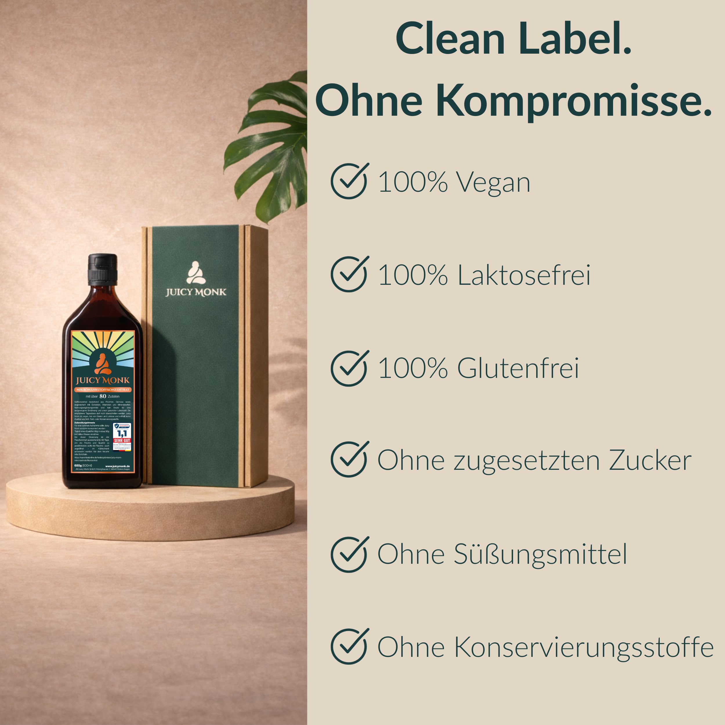 Juicy Monk Mikronährstoffkonzentrat | 80+ natürliche Zutaten | 650g für bis zu 65 Portionen | Flüssiges Frucht- & Gemüsesaftkonzentrat mit Vitamine, Mineralien & Ergänzungsmittel | Vital Drink