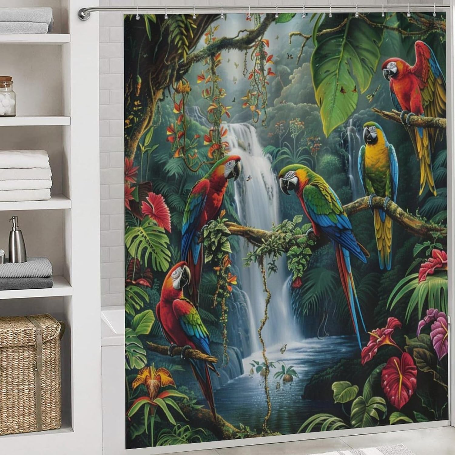 4Pcs Floral Forest Parrot Shower Curtain Set with Rugs, Toilet Lid Cover and Bath Mat, Bird Tropical Palm Tree Waterfall Bathroom Curtains Decor Shower Curtains, 72" x 72"