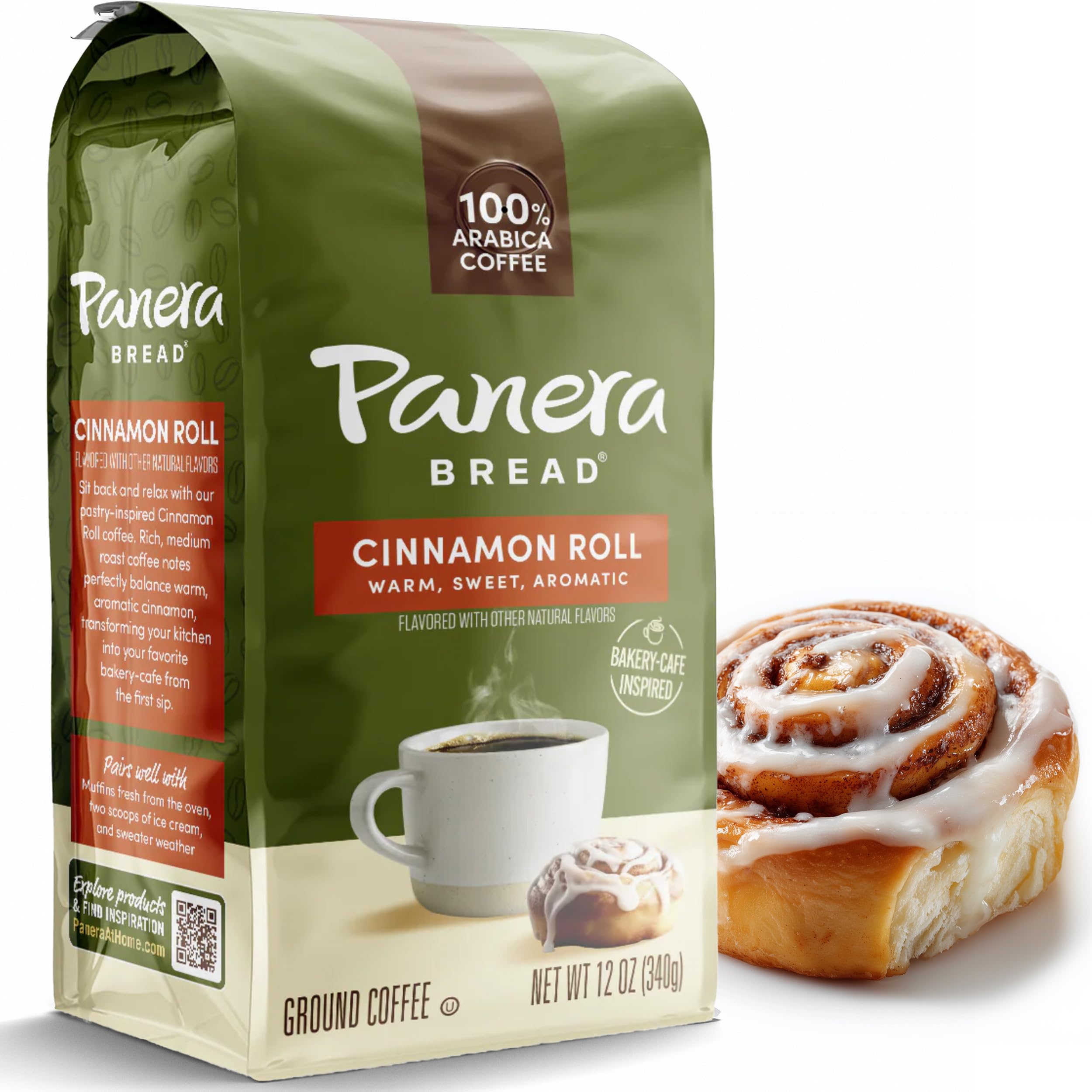 Panera Coffee Cinnamon Roll Ground Coffee, 100% Arabica Medium Roast, Bakery-Inspired Flavor, No Artificial Ingredients, 12oz Bag for Home Brewing