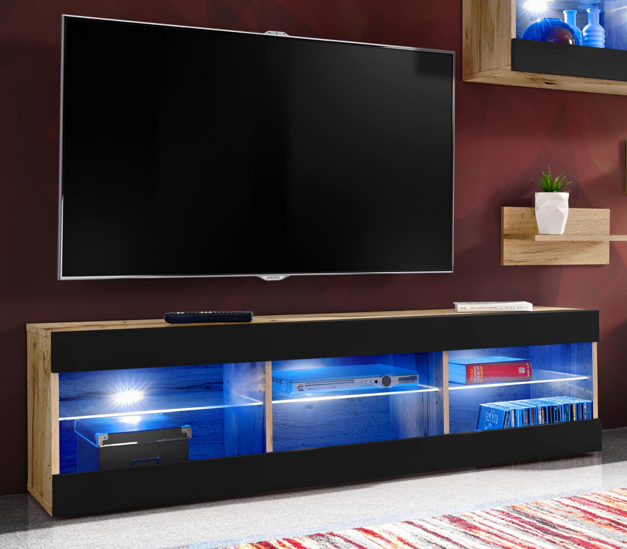 Komodee, Juego de Muebles Tivoli Grande, Negro Wotan, Ancho 290 cm x Alto 159 cm x Fondo 35 cm, LED Azul, para Sala, Dormitorio