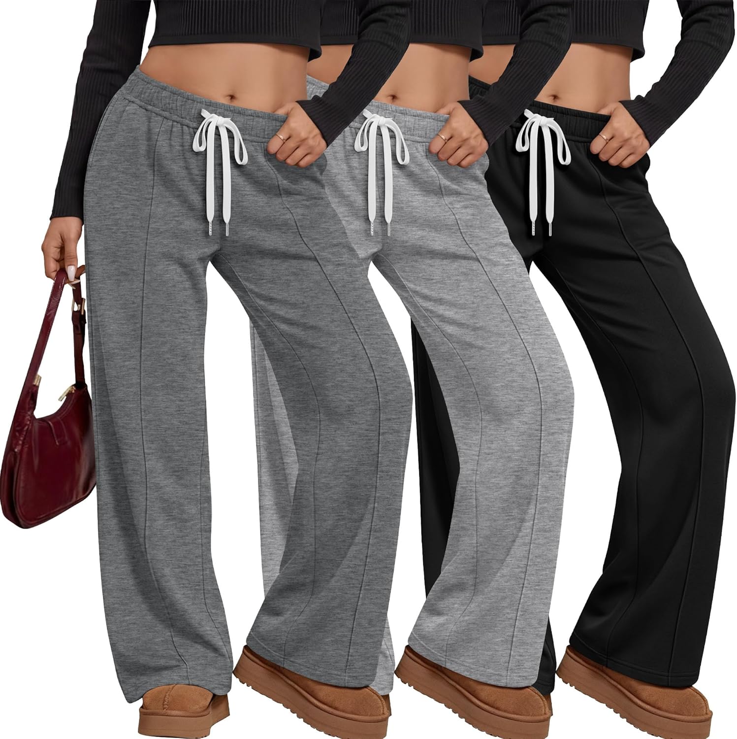 Neer 3 Pack Women Plus Size Pants Wide Leg Baggy Casual Palazzo Elastic Drawstring Pants Lounge Loose Sweatpants with Pockets