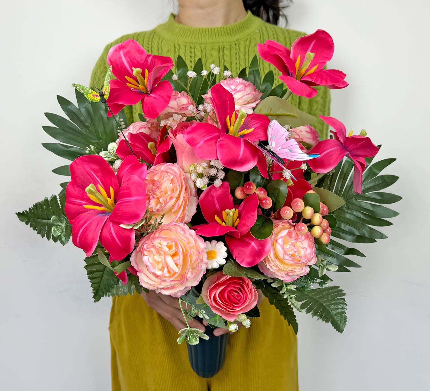 Artificial Cemetery Flower Bouquet with Grave Vase and Headstone Flower Saddle for Tombstone Decoration-Tulips in Bloom Pink Ranunculus,Easy Fit and Colorfast - Image 7