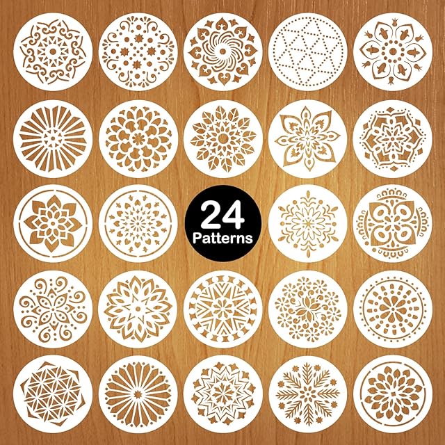 Mocoosy 24 Pack 5 Inch Mandala Stencils Mandala Dot Painting Tools Template Stencil for Painting on Wood Reusable Plastic Stencils Mandala Craft for Rock Painting Stones Wall Floor Tiles Fabric Art