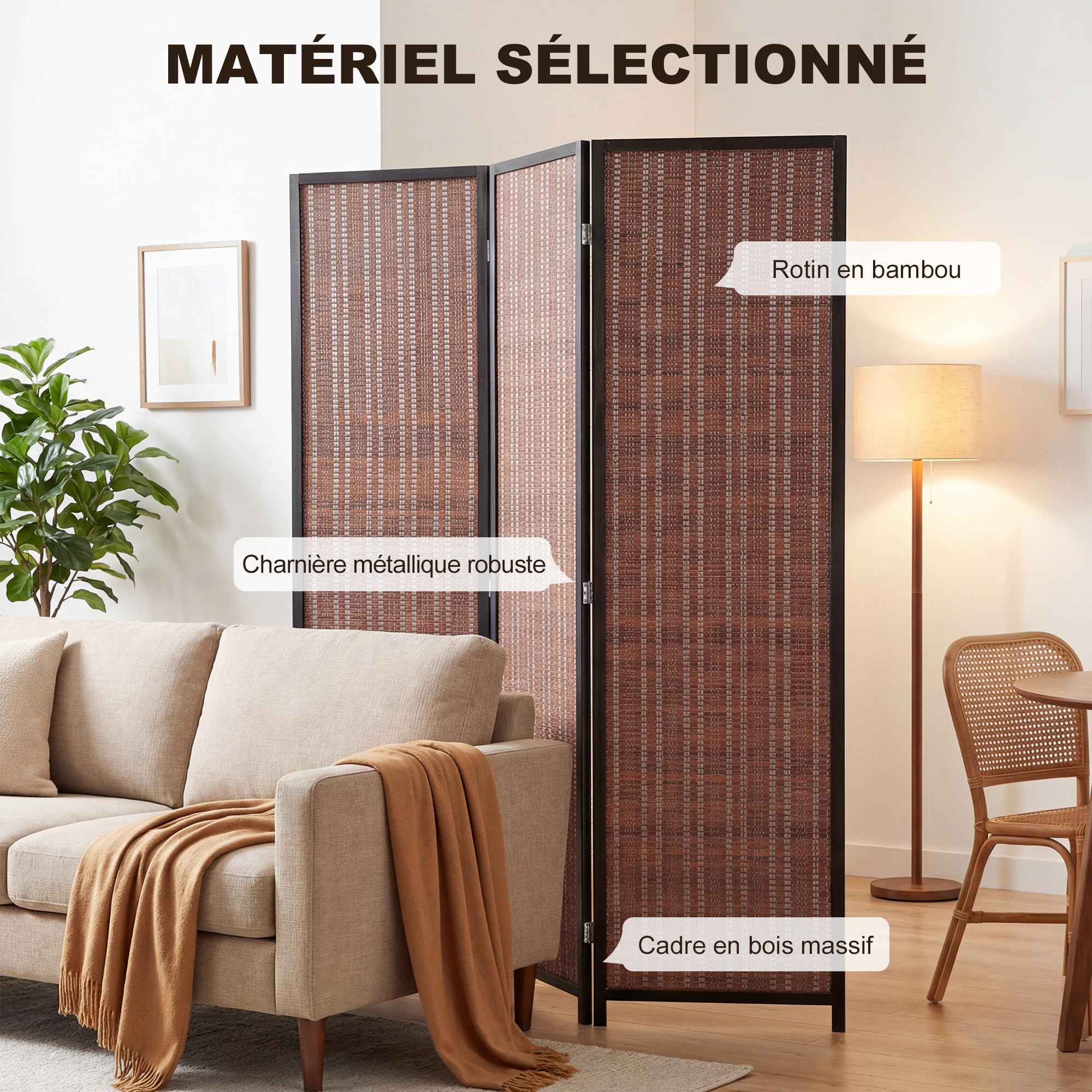 HOMCOM Paravent Interieur en Bois 3 Panneaux 135 x 180 cm séparateur de pièce Pliable cloison de séparation pour Salon Chambre à Coucher Maison, Marron