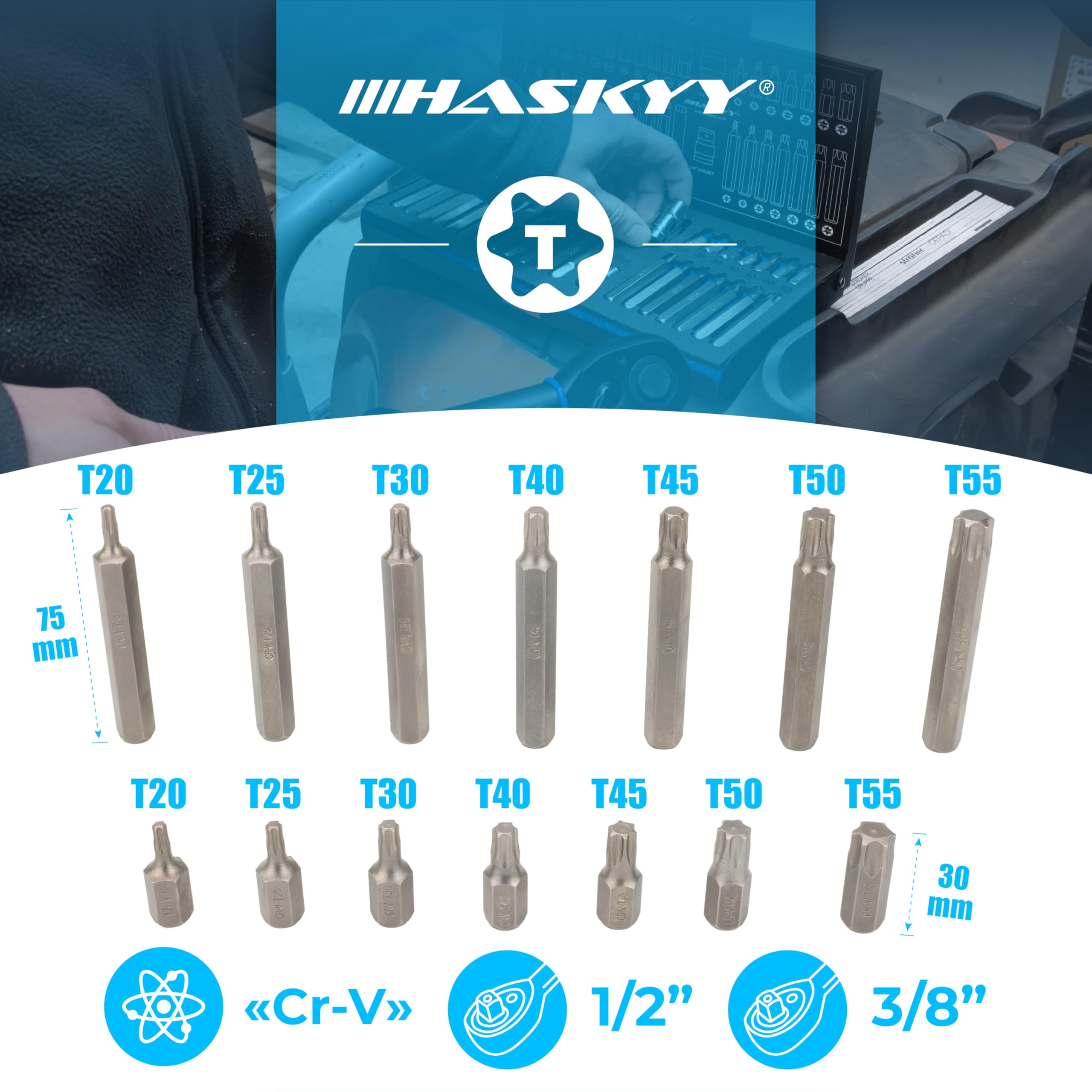 HASKYY XZN - Lot de 40 douilles hexagonales - Torx à dents multiples - Torx : T20, T25, T30, T40, T45, T50, T55 - XZN : M5, M6, M8, M10, M12 - Six pans creux : 4, 5, 6, 7, 8, 10, 12 mm