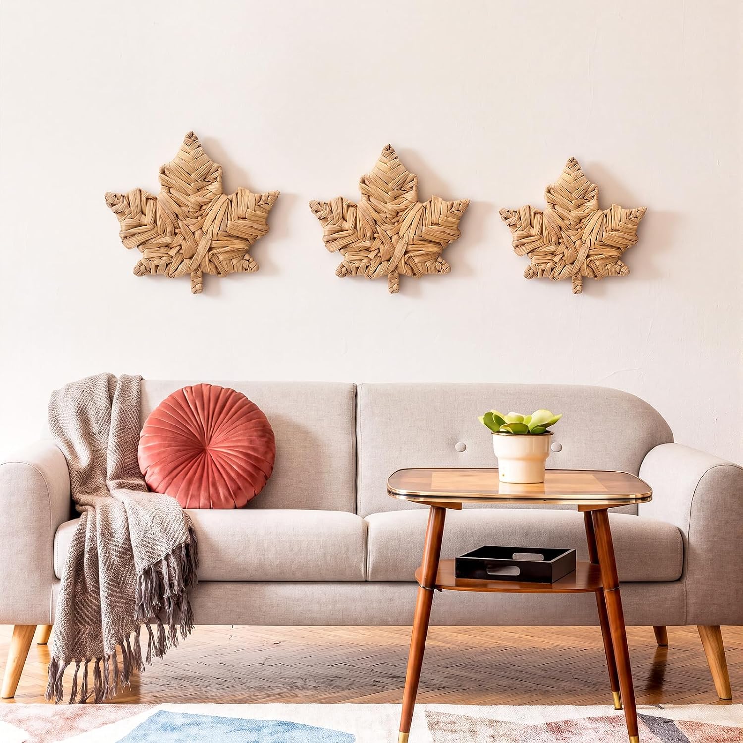 Pinkunn 3 Pcs Fall Handmade Wicker Wall Decor, 3 Sizes, Maple Leaves