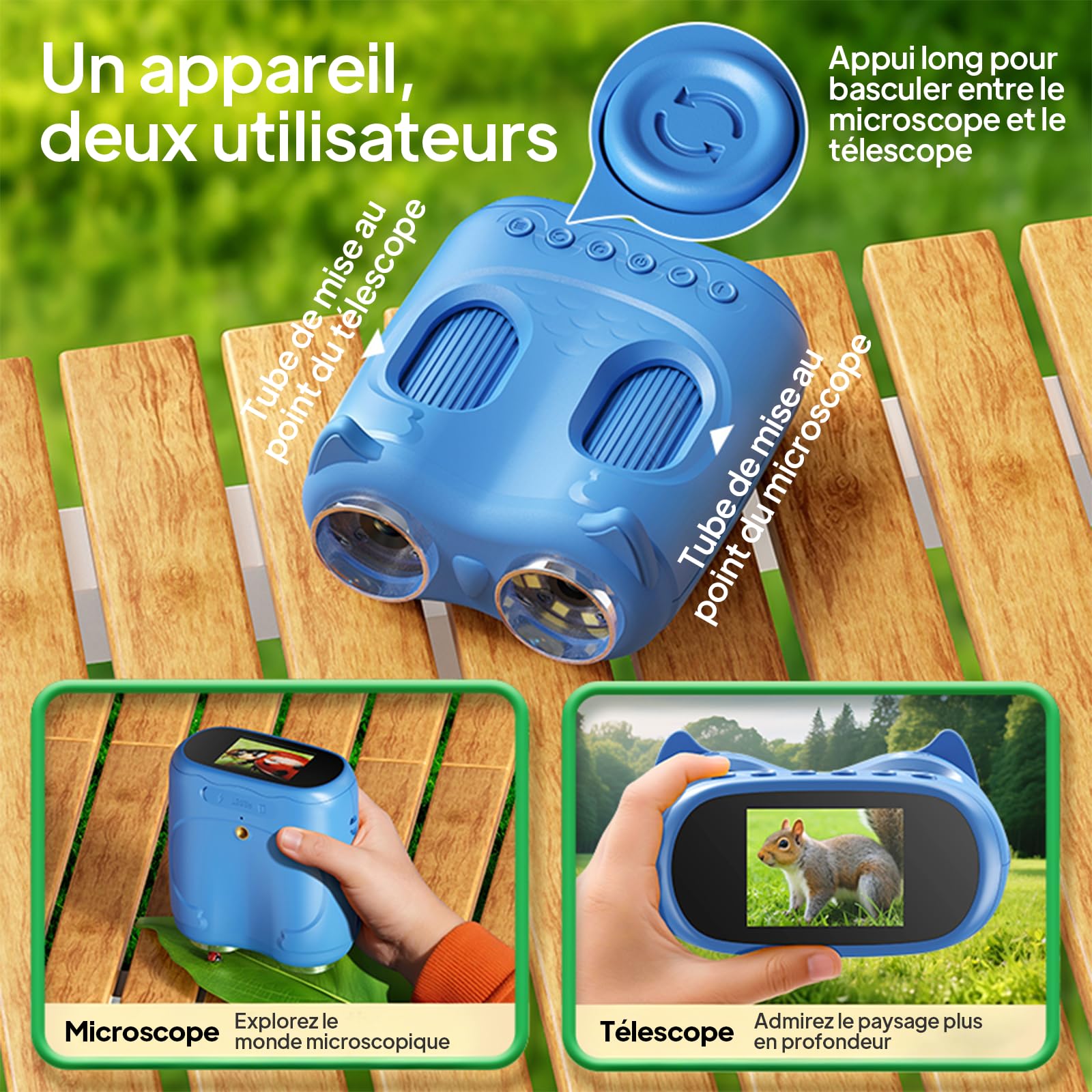 Ashfly Mikroskop für Kinder und Fernglas für Kinder, 1000X USB 2-in-1 tragbares Taschenmikroskop, 4K 2.0" Bildschirm, 10-facher Vergrößerung Kinderfernrohr, Science draussen ab ab 3 Jahren, Blau