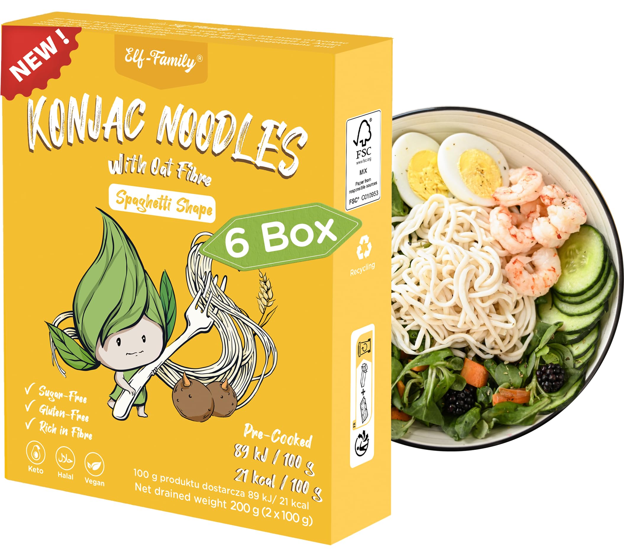 Elf-family [Nuevo] Pasta Konjac Keto de Tailandia Bajo en calorías/Bajo en carbohidratos/Vegano/Sin gluten Fideos Konjac Noodles Shirataki Oat Fibre/Sin azúcar - Spaghetti, 240g x 6 cajas(12 paquetes)
