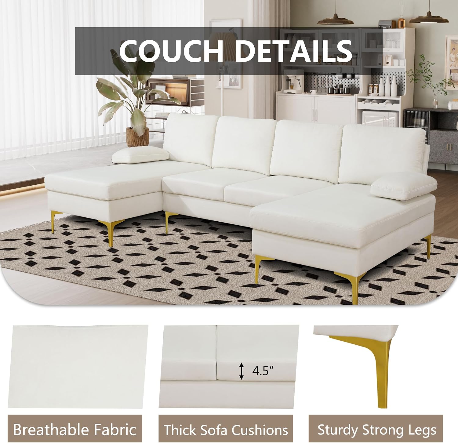 U Shaped Sectional Sofa, 4 Seat Couch with Double Chaise, 99" Flannel Sofa Couch for Living Room(Cream White Living Room Set)