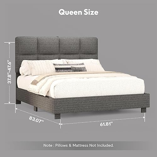 Miniatura 2 de FLEXISPOT Base de cama de plataforma tapizada Queen con cabecera ajustable, puertos USB y tipo C, soporte de 900 libras, tela de lino, certificado