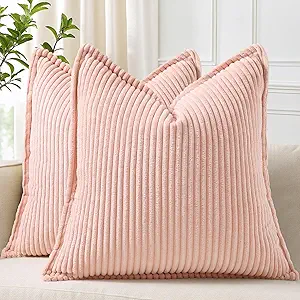 decorUhome Corduroy Pink Throw Pillow Covers 26x26 Set of 2 Decorative Soft Boho Striped Neutral Euro Farmhouse Couch Pillow Cases with Broadside for Living Room Bed Sofa