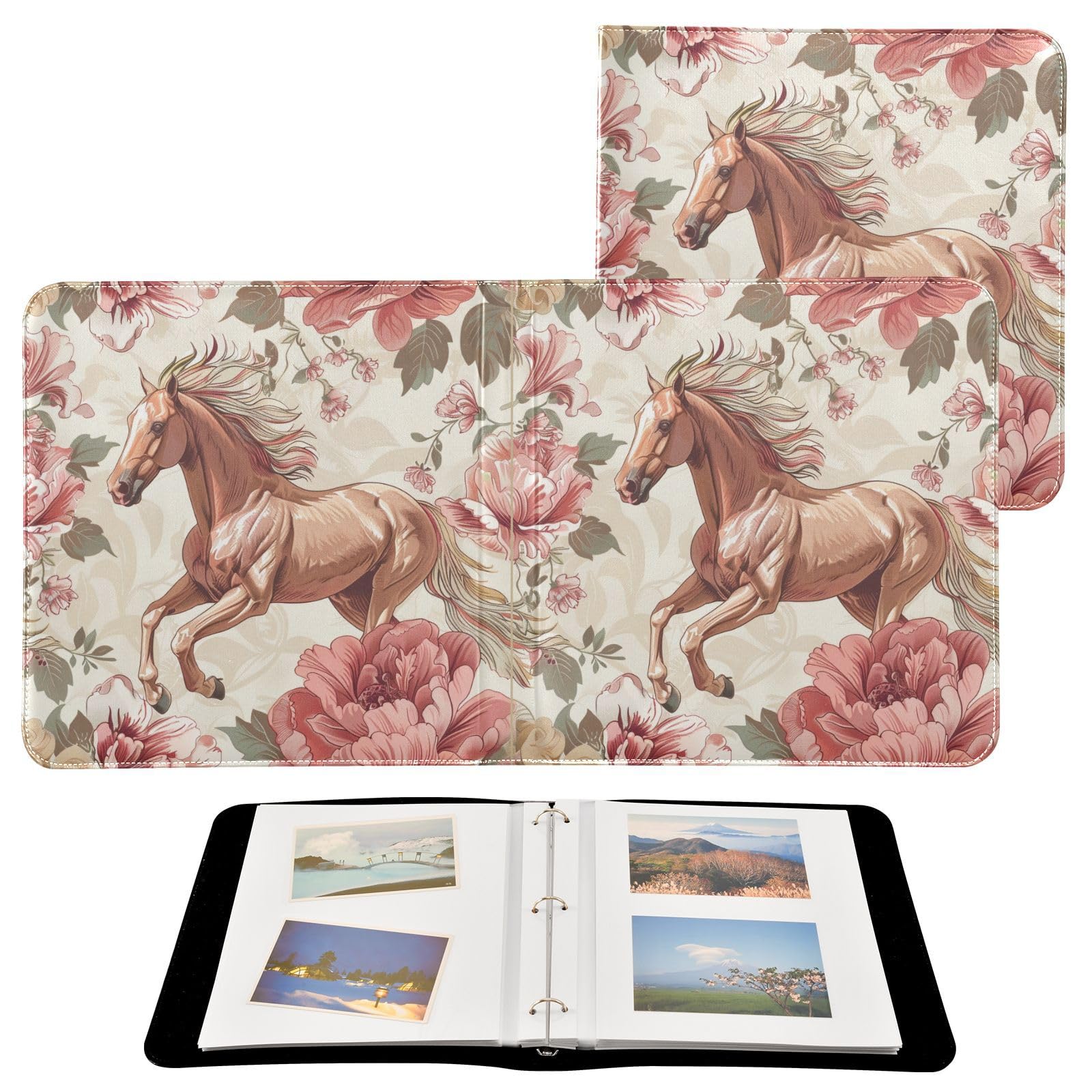 JIPONI Floral Horse Large Photo Album, DIY Leather Cover Scrapbook Albums for 4x6 5x7 6x8 Pictures, Self Adhesive Memory Book for Wedding, Baby, Family