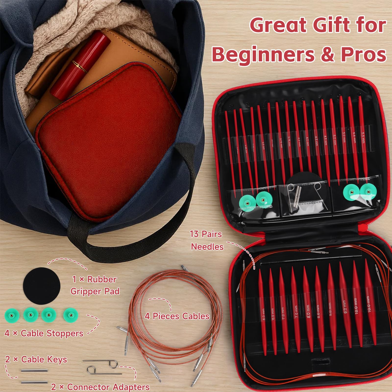 Interchangeable Knitting Needles Set - 13 Pairs Red -3