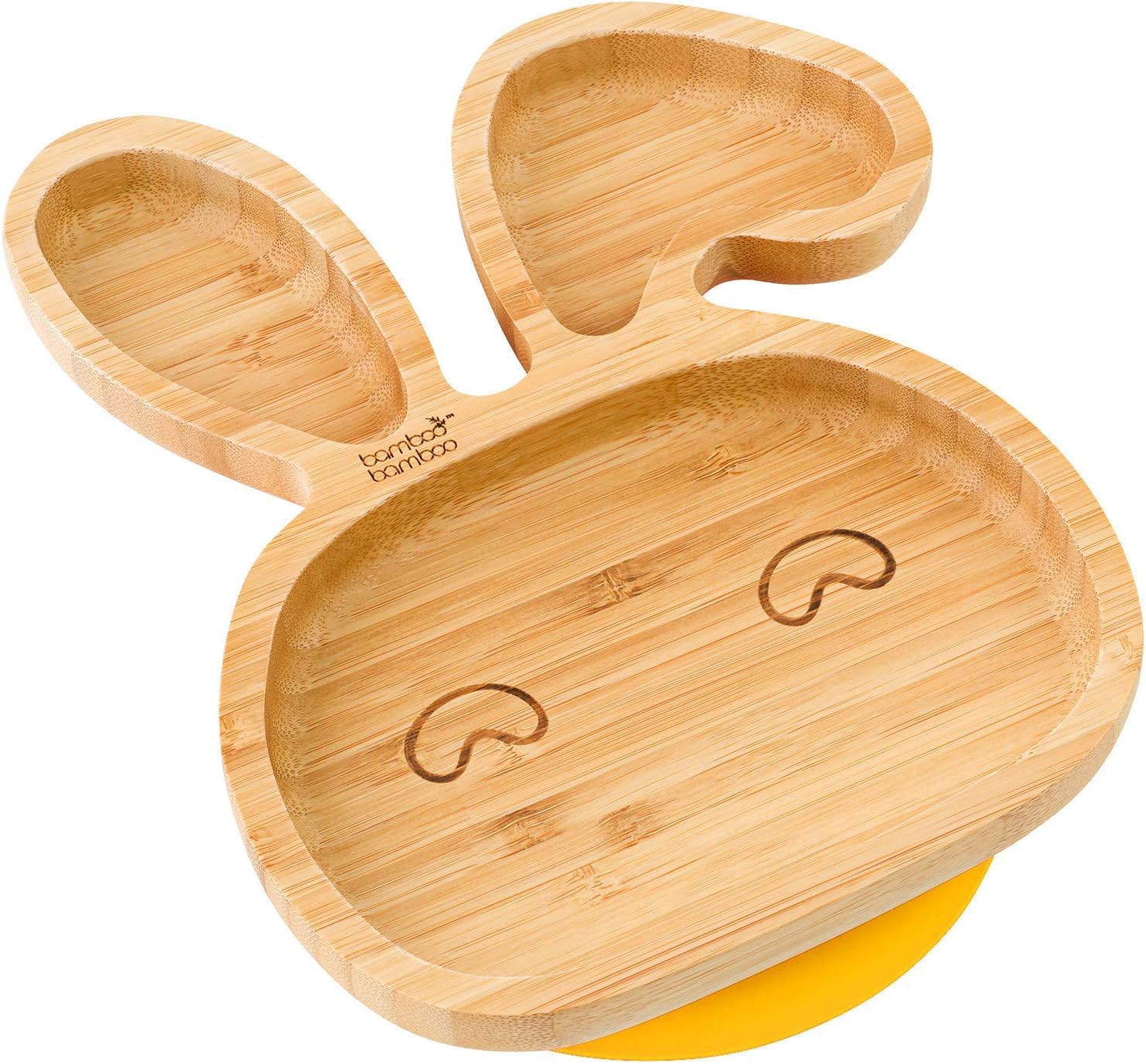 Bamboo Baby Plate with Suction - Kids and Toddler Suction Cup Plate for Babies, Non-Toxic All-Natural Bamboo Baby Food Plate Stays Cool to The Touch for Baby-Led Weaning (Bunny-Yellow)