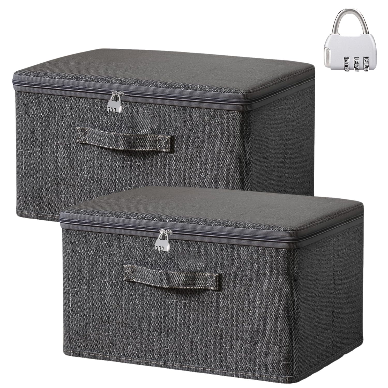 Exquilnova 2PCS Storage Boxes with Lids,Grey Lockable Storage Box,Foldable Fabric Boxes with Reinforced Handle,Clothes Box with Zips for Bedrooms,Living Room,Office(XXL 49 x 37 x 31 cm)