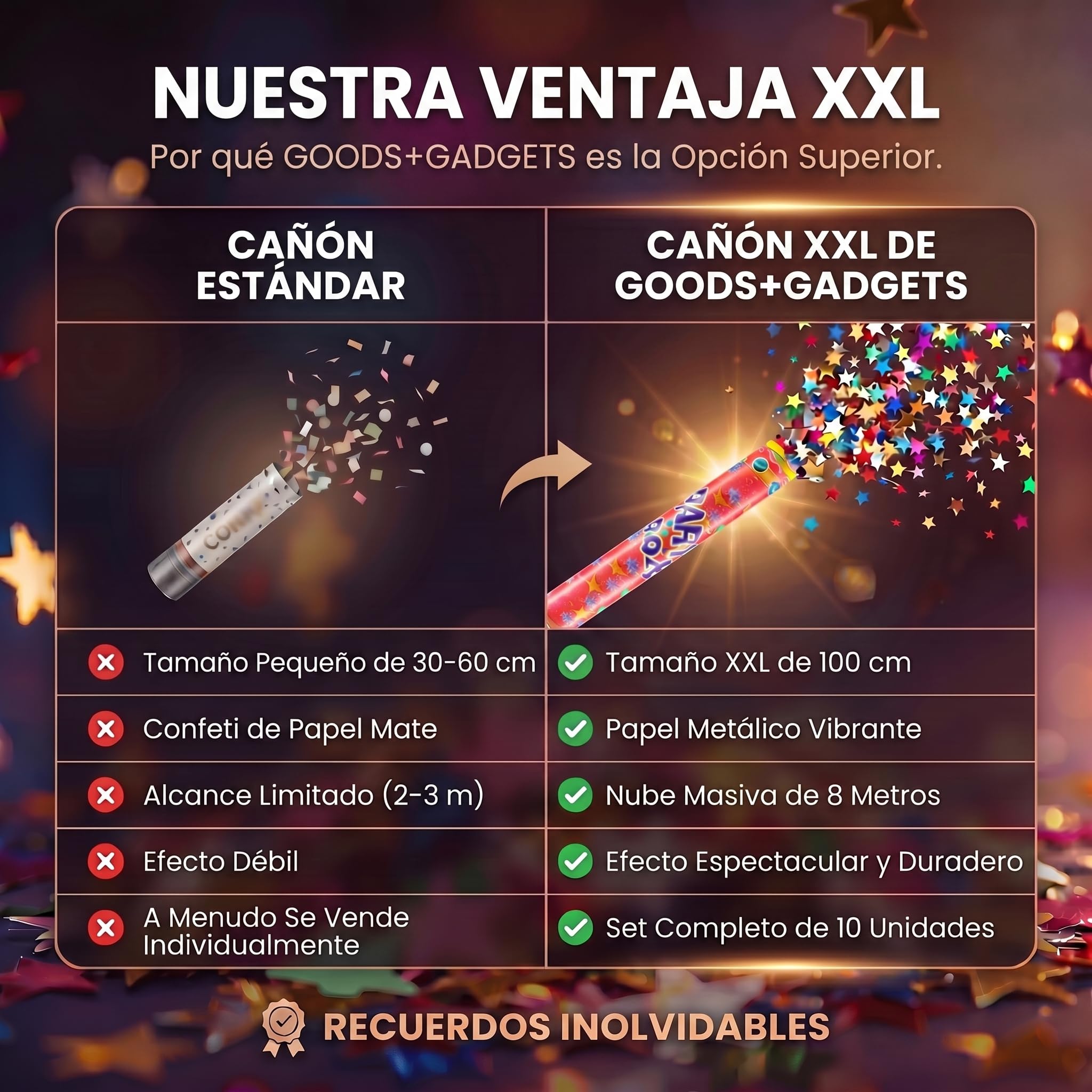 Cañón de Confeti Tirador de Confeti para fiestas Cañón de Confeti - XXL - Conjunto (Colorido (100cm), 10 piezas)
