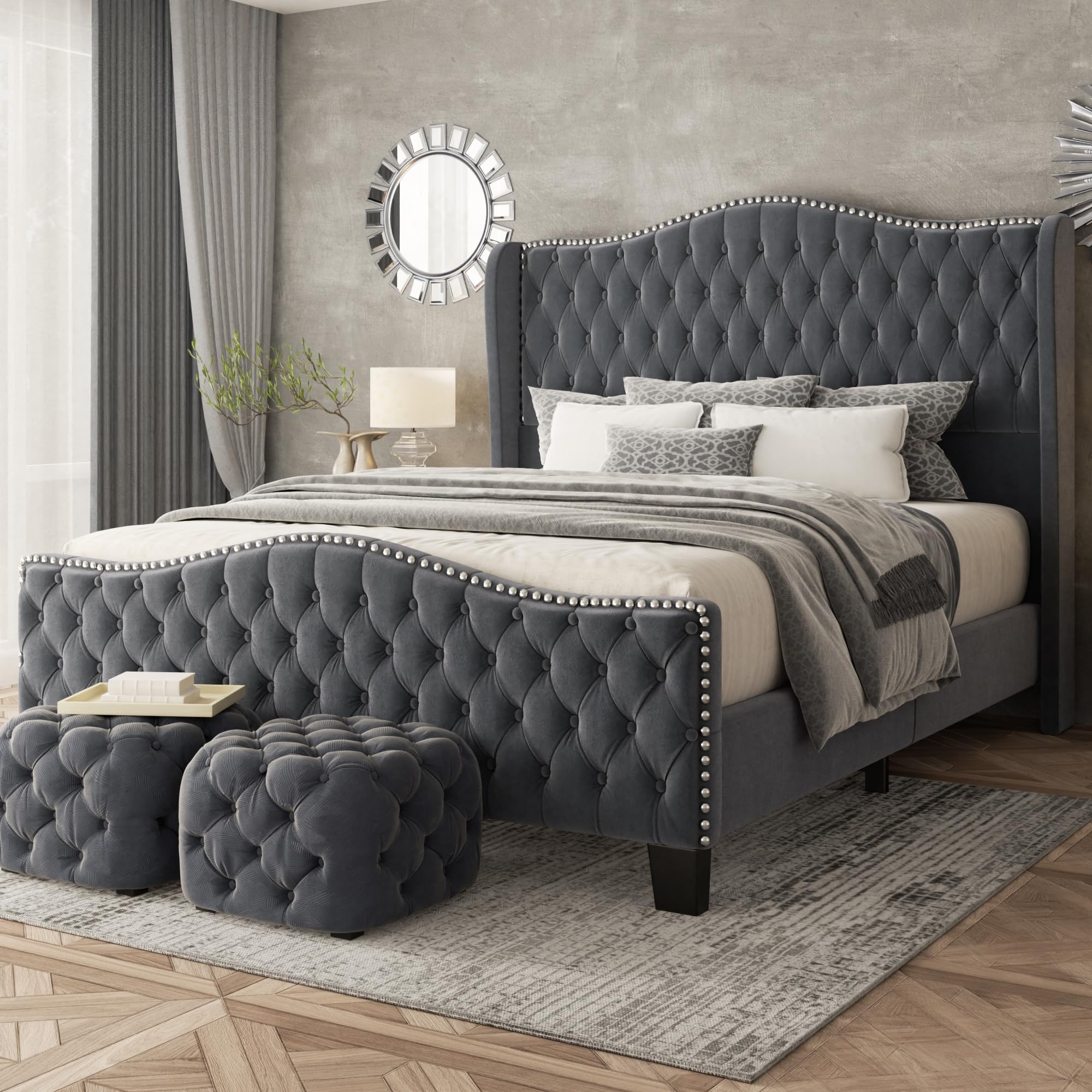 SwnftWinnt King Size Bed Frame with Tall Headboard Upholstered Bed Frame King Platform Bed Luxury Wingback Headback No Box Spring Needed, Mattress