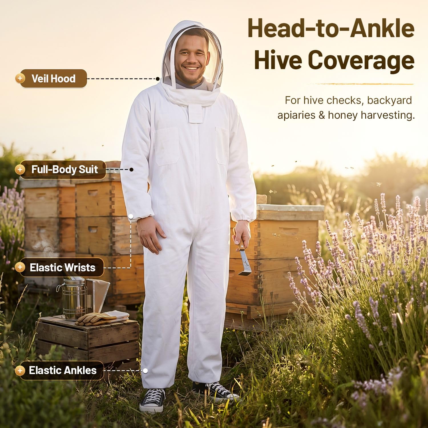 Flexzion Tuta per apicolture, Costume Protettiva Corpo Intero per Apicoltore, Tuta da Lavoro per Donna Uomo, Attrezzatura con Cappuccio, Apicoltura Forniture autoportante Velo Tondo Animali (XXL)