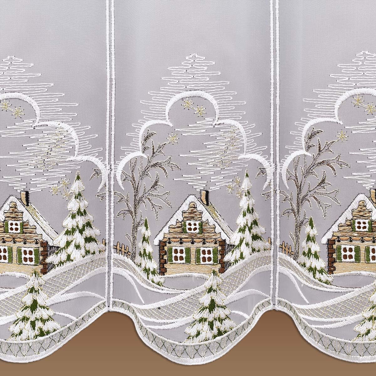 Scheibengardine Heimatliche Winteridylle Vogtländische Spitze - Scheibenhänger für Winter und Advent verschneite Berghütte - klassische Kurzgardine mit Lurex-Stickerei | Höhe x Breite 40 x 144 cm
