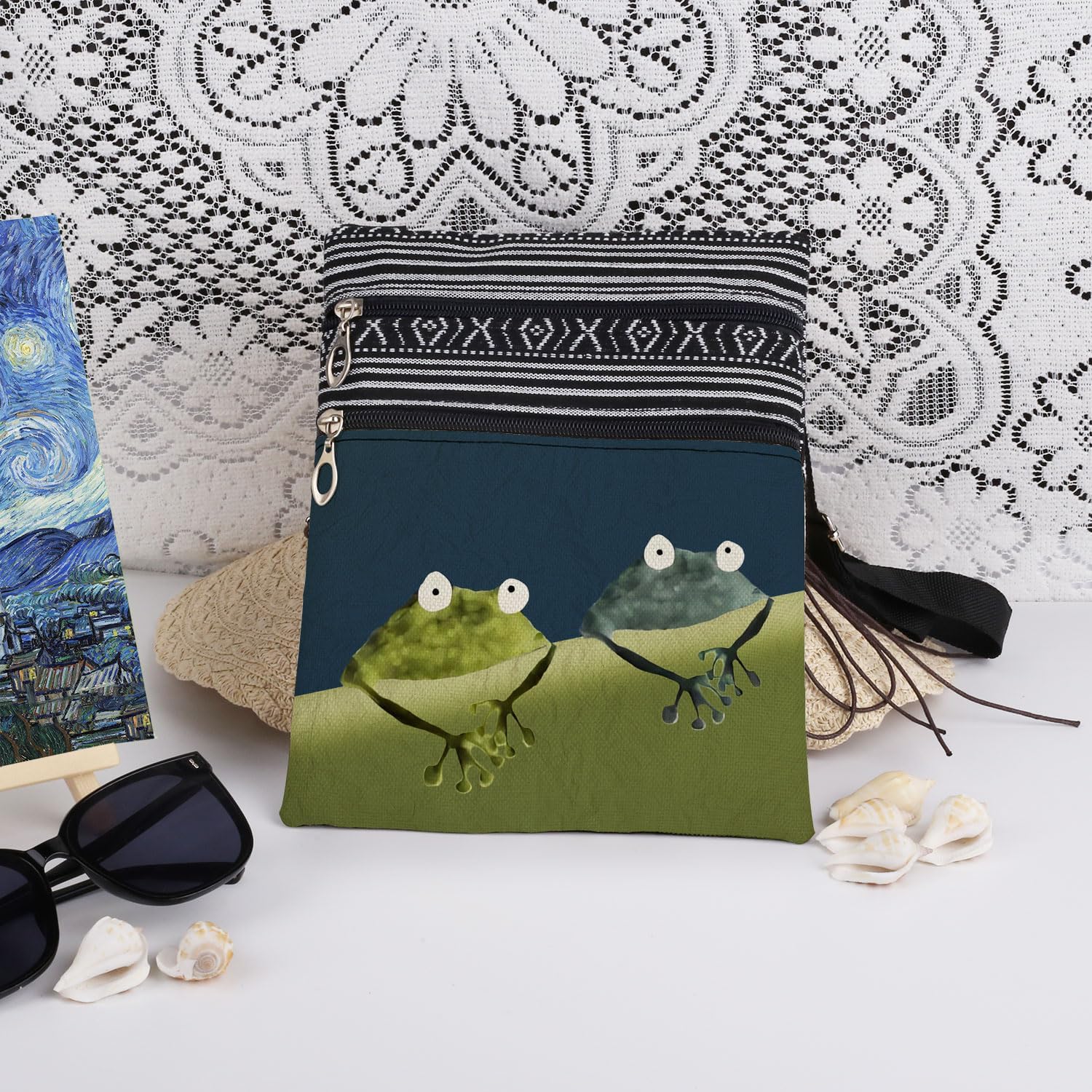 Cute Frog Crossbody Bag Blue Green Design Adjustable Strap Purse image 3