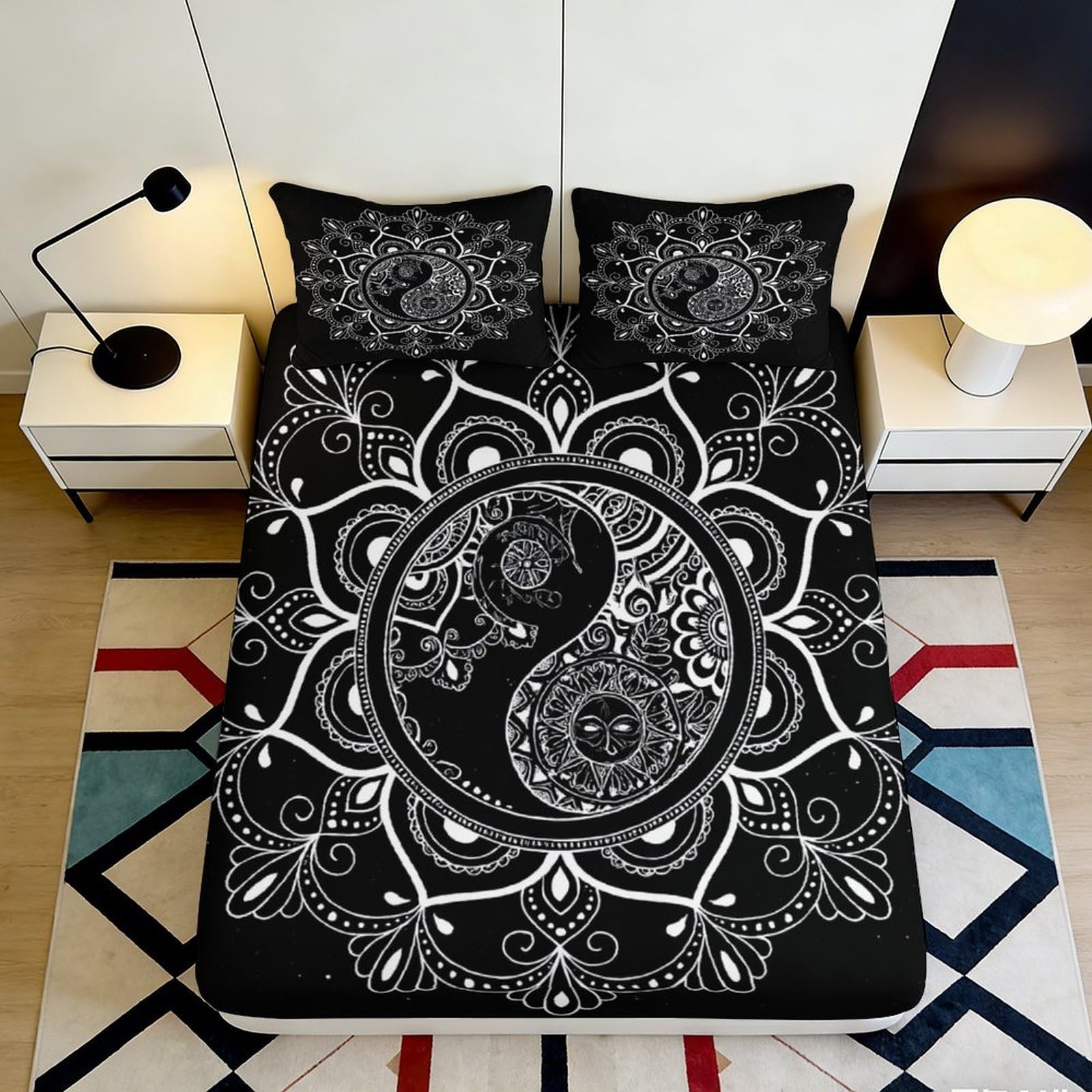 3D Printed Mandala Yin Yang Fitted Sheet Microfiber Black White Bed Cover for Bedroom Guest Room Easy Care Decor 90x200x25cm