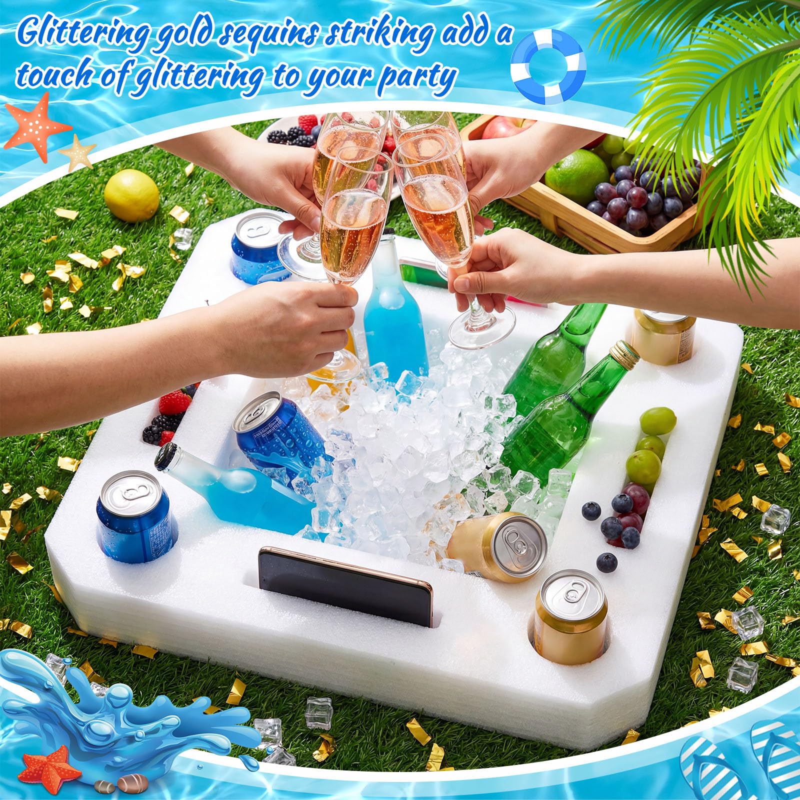 Qinyoung Grande portabevande galleggiante bianco, vassoio per rinfreschi, vassoio portatile per piscina, accessori per piscina, vasca idromassaggio, spiaggia e decorazione per feste (quadrato a