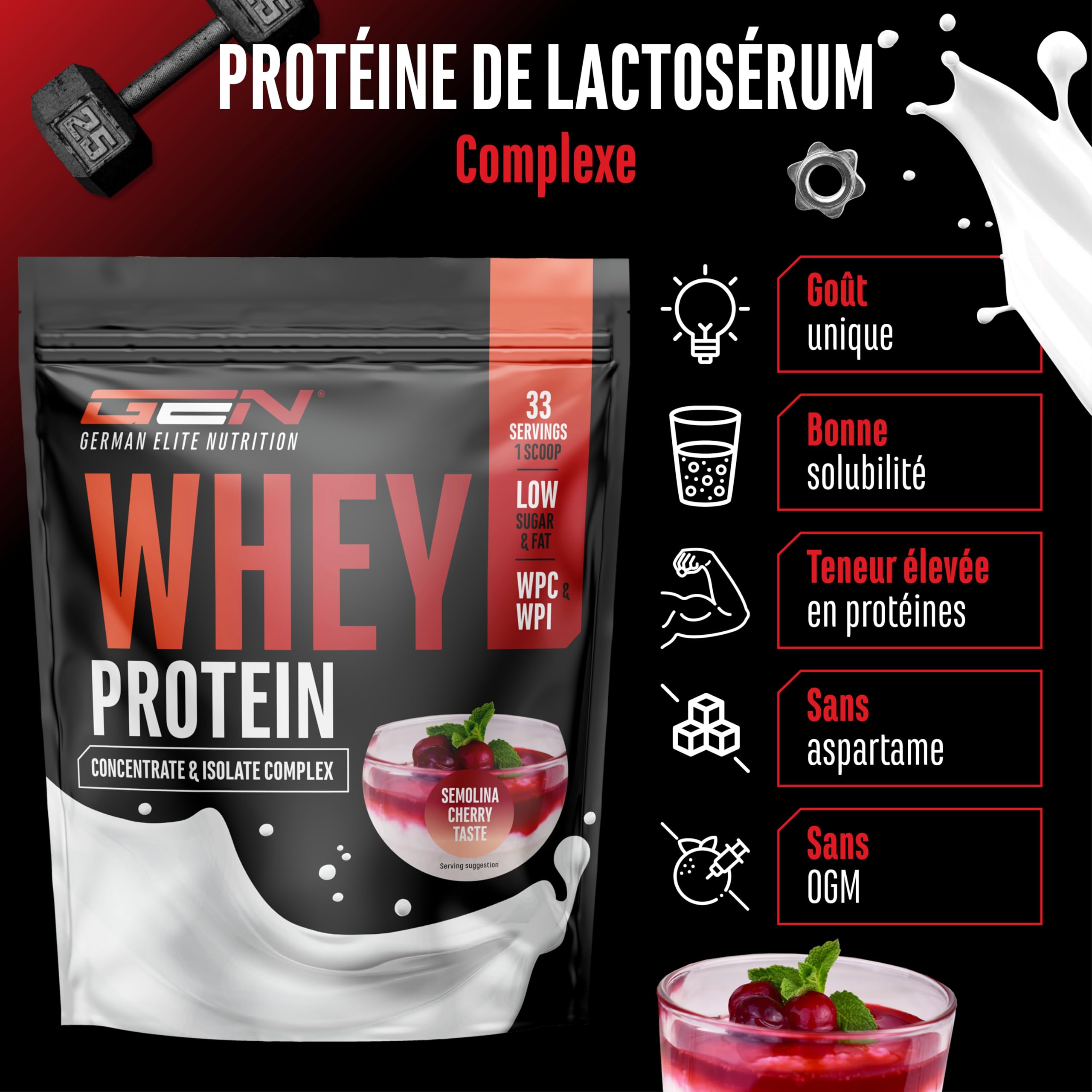 Whey Protein Complex - 1000 g (Semoule au lait avec des Cerises) - Avec part d'isolat - Protéine soluble instantanée en poudre avec BCAA & EAA - German Elite Nutrition