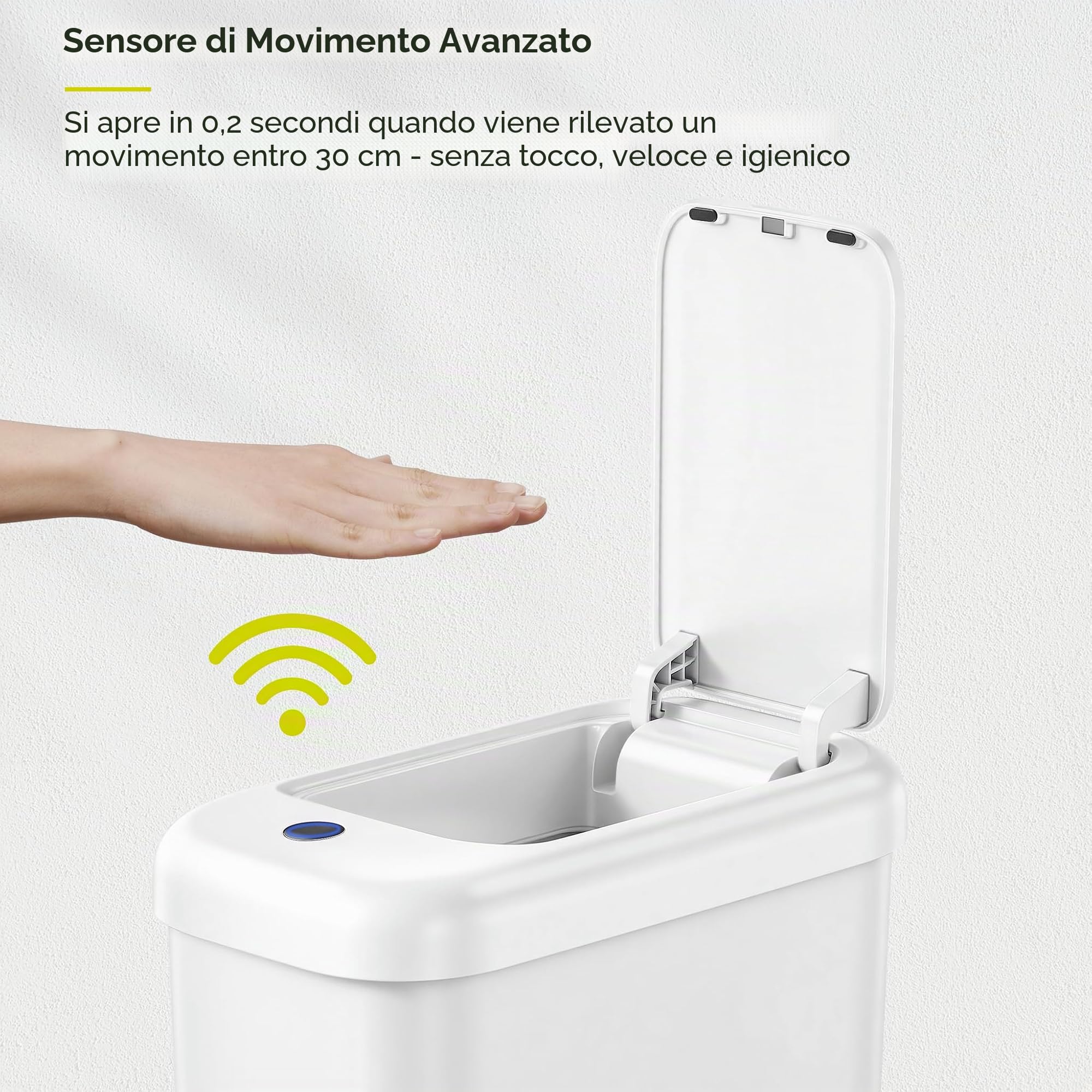 EKO Pattumiera automatica da bagno con coperchio, 2,6 litri, sottile, senza contatto, impermeabile, con sensore di movimento, per bagno, ufficio, cucina, bianco