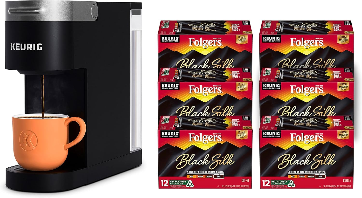 Keurig K-Slim Single Serve Coffee Maker with Folgers Black Silk Dark Roast Coffee, 72 K-Cup Pods