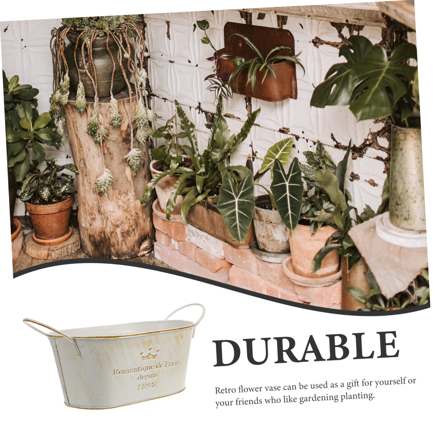 Yardwe Vaso In Ferro Vintage Beige 35x20 Cm Con Manico – Contenitore Per Piante E Fiori