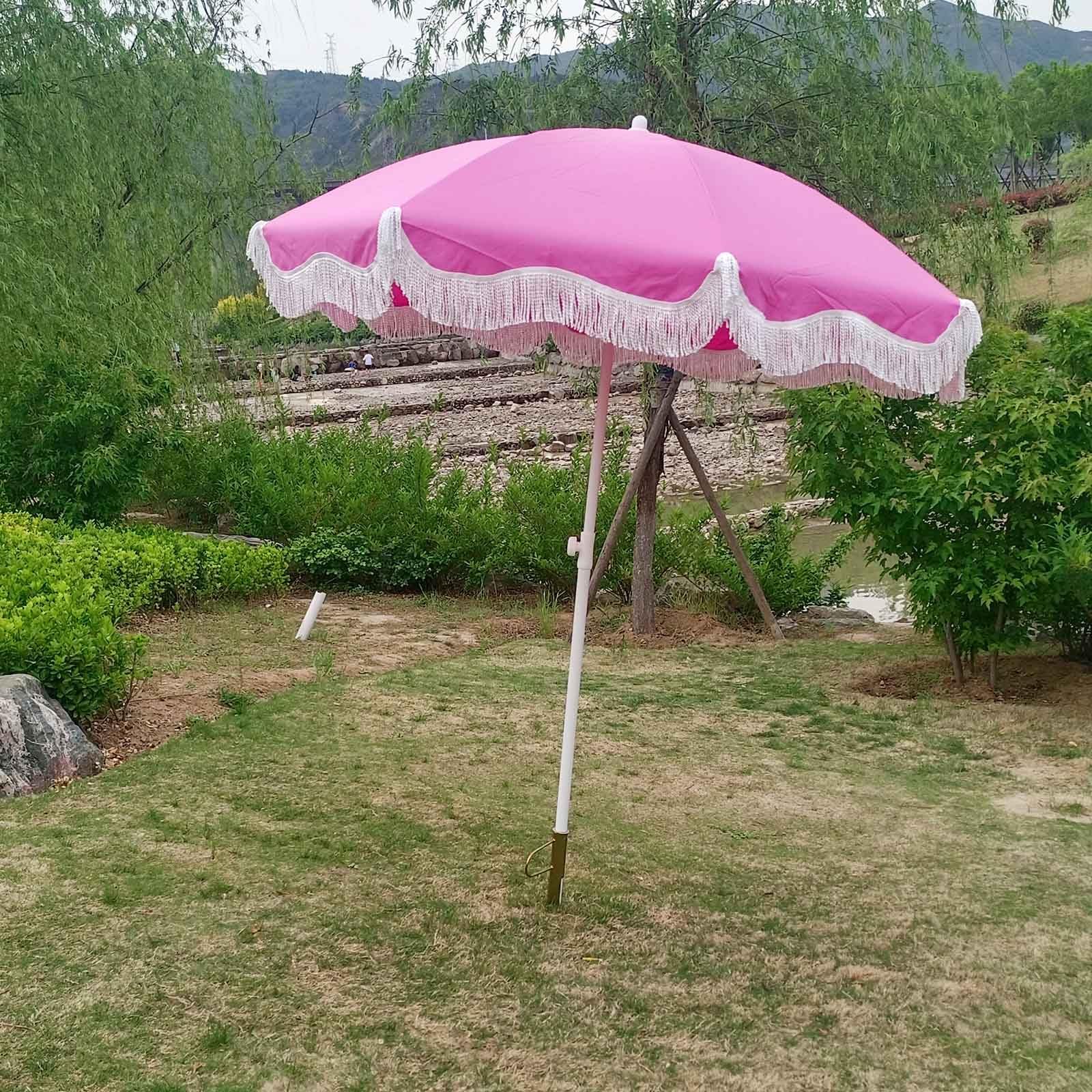 6.5ft White Patio Umbrella with Fringe Pink Beach Umbrellas for Sand Portable Pool Umbrella UPF 50+ Waterproof Holiday Umbrellas Tilt Outdoor Umbrella for Patio/ Backyard/ Pool/ Garden ( Color : Pink