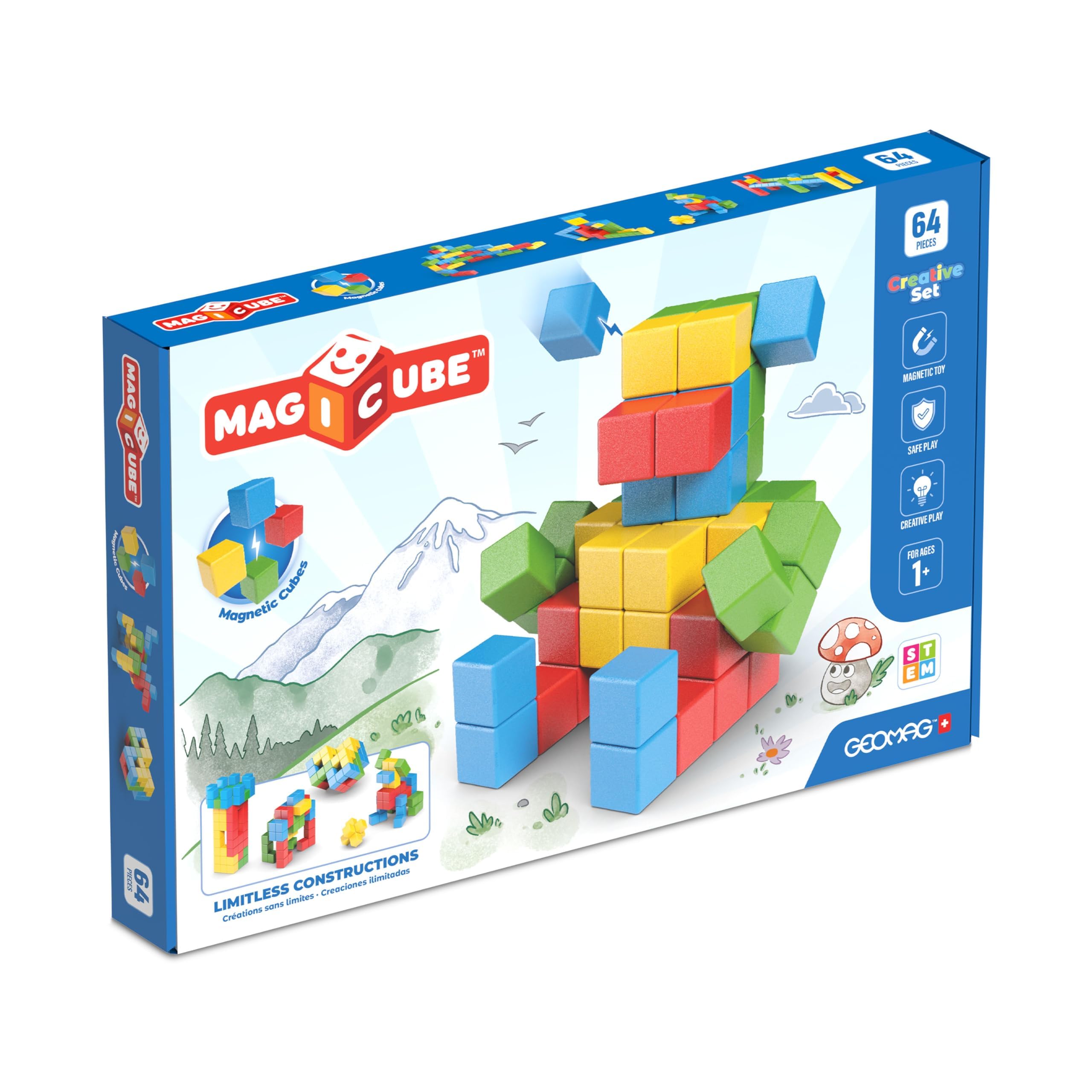 Geomag Magicube Magnetic Blocks, 64 Large Magnetic Cubes STEM Toy, Sensory Toys for Toddlers 1-3, Building Blocks for Kids, Fun Toddler Toys 1-2 yrs