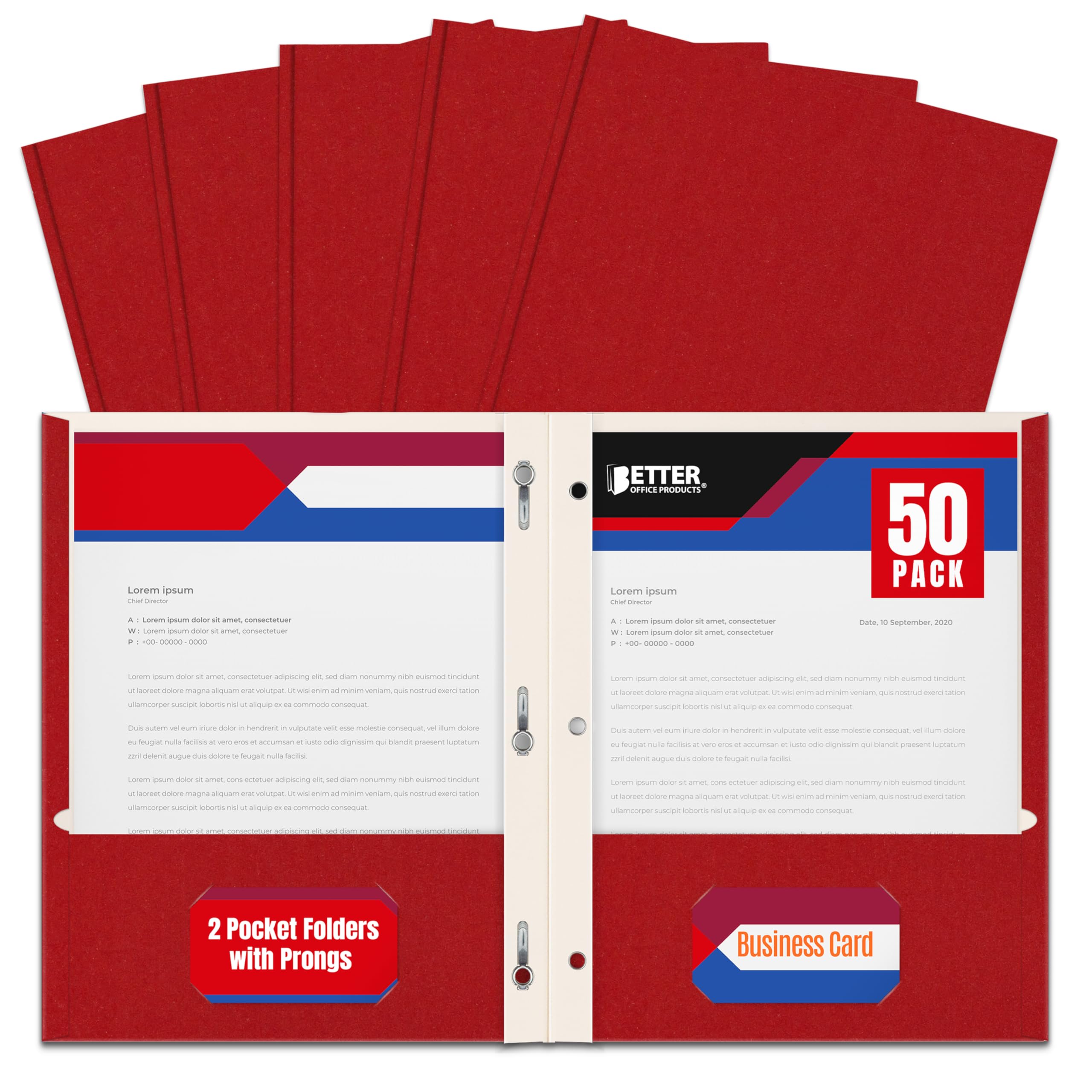 Better Office Products Red Paper 2 Pocket Folders with Prongs, 50 Pack, Matte Texture, Letter Size Paper Folders, 50 Pack, with 3 Metal Prong Fastener Clips, RED