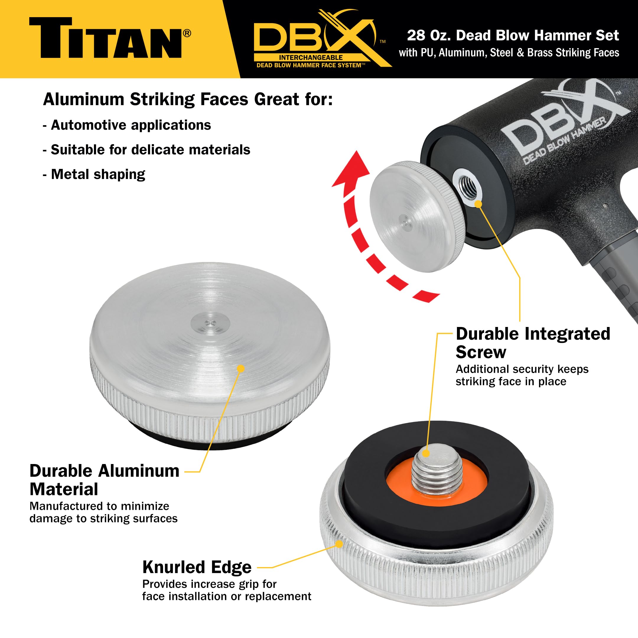 Titan DBX 63634 - Juego de martillo de soplado muerto de 28 onzas con caras intercambiables de poliuretano, acero, aluminio y latón