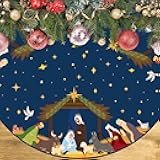 Christian Christmas Tree Skirt 48 Inches Religious Xmas Tree Skirt Religious Jesus Nativity Scene Navy Blue Xmas Mat Christmas Collar Indoor Outdoor Party Decor New Year's Party Supplies