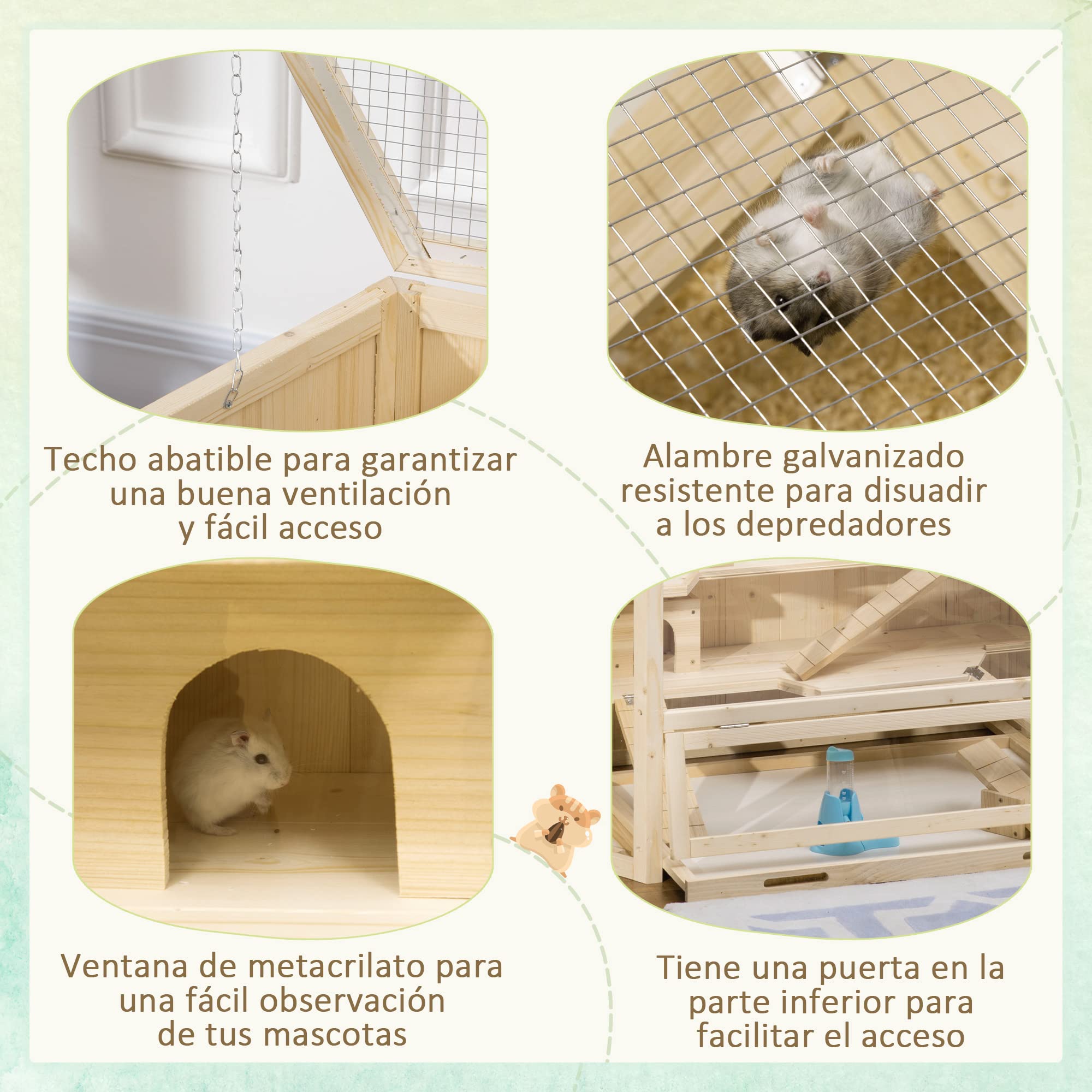 PawHut Jaula de Madera para Hámster 115x60x55 cm Casa para Roedores con 3 Niveles Techo Abatible Bandeja Extraíble Bebedero y 3 Rampas Natural
