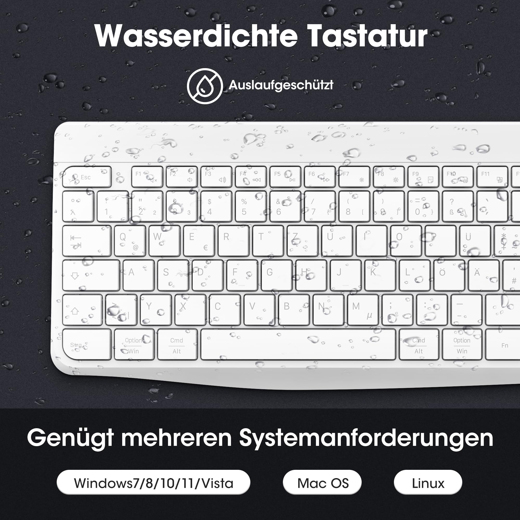 KOORUI Toetsenbord en muis, draadloos, stil, met Duitse QWERTZ lay-out met 12 functietoetsen 2,4 GHz toetsenbord, muisset voor Windows, MacOS, Linux-wit
