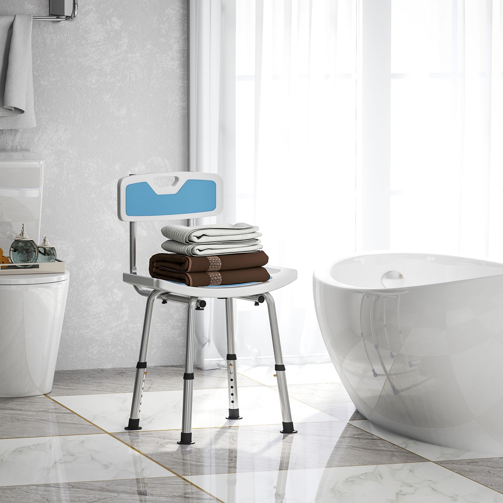 HOMCOM Silla Ducha Personas Mayores con Respaldo Antideslizante 136 kg | Silla de Ducha, Altura Ajustable en 6 Posiciones, para Ancianos y Discapacitados