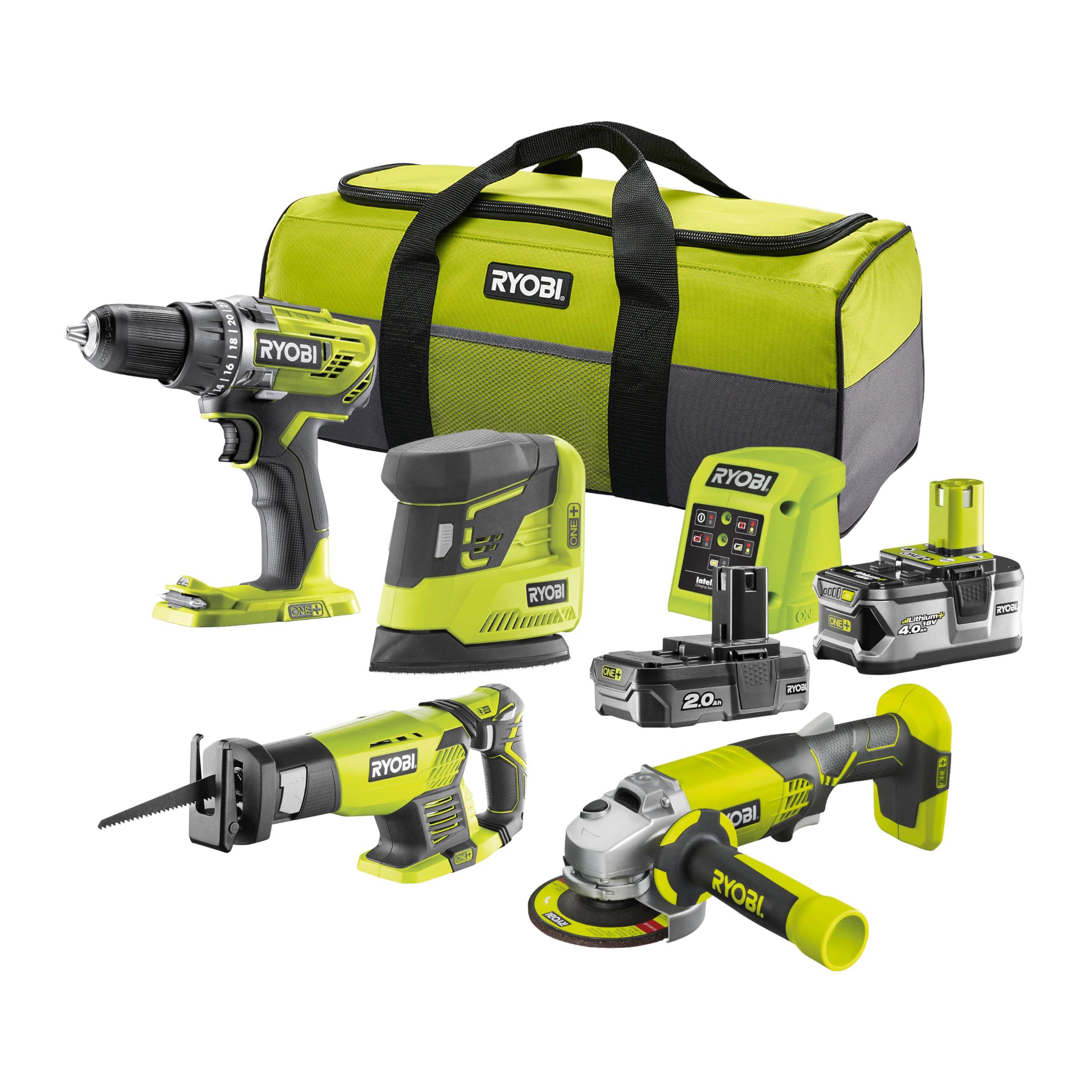 RYOBI R18CK4E-242S - Combo de 2 herramientas de 18 voltios ONE+taladro de 50 Nm + sierra sable + amoladora + lijadora + 2 baterías (2 y 4 Ah) + cargador + bolsa de transporte